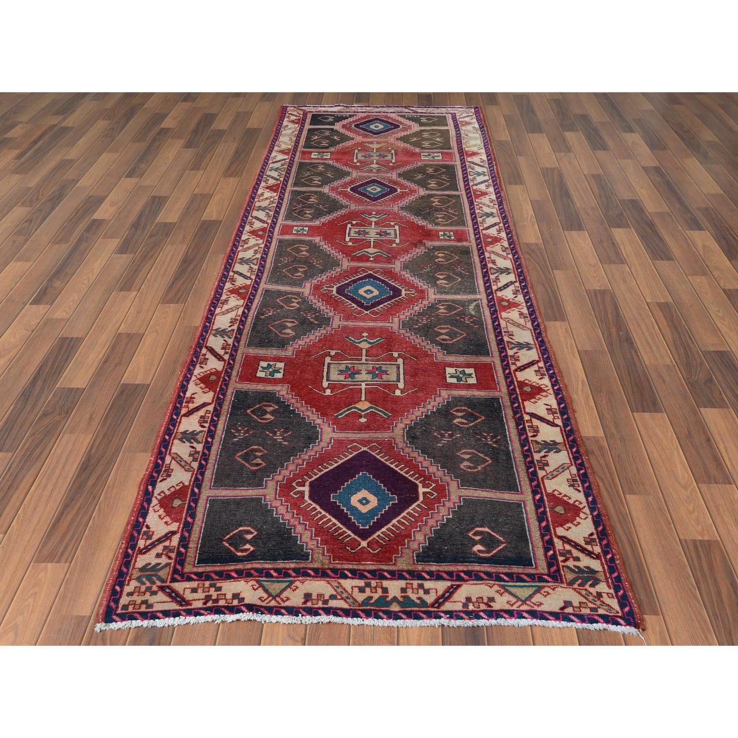 3'9"X10'9" Red Farsian Heris With Geometric Design Hand Knotted Wool Rug
