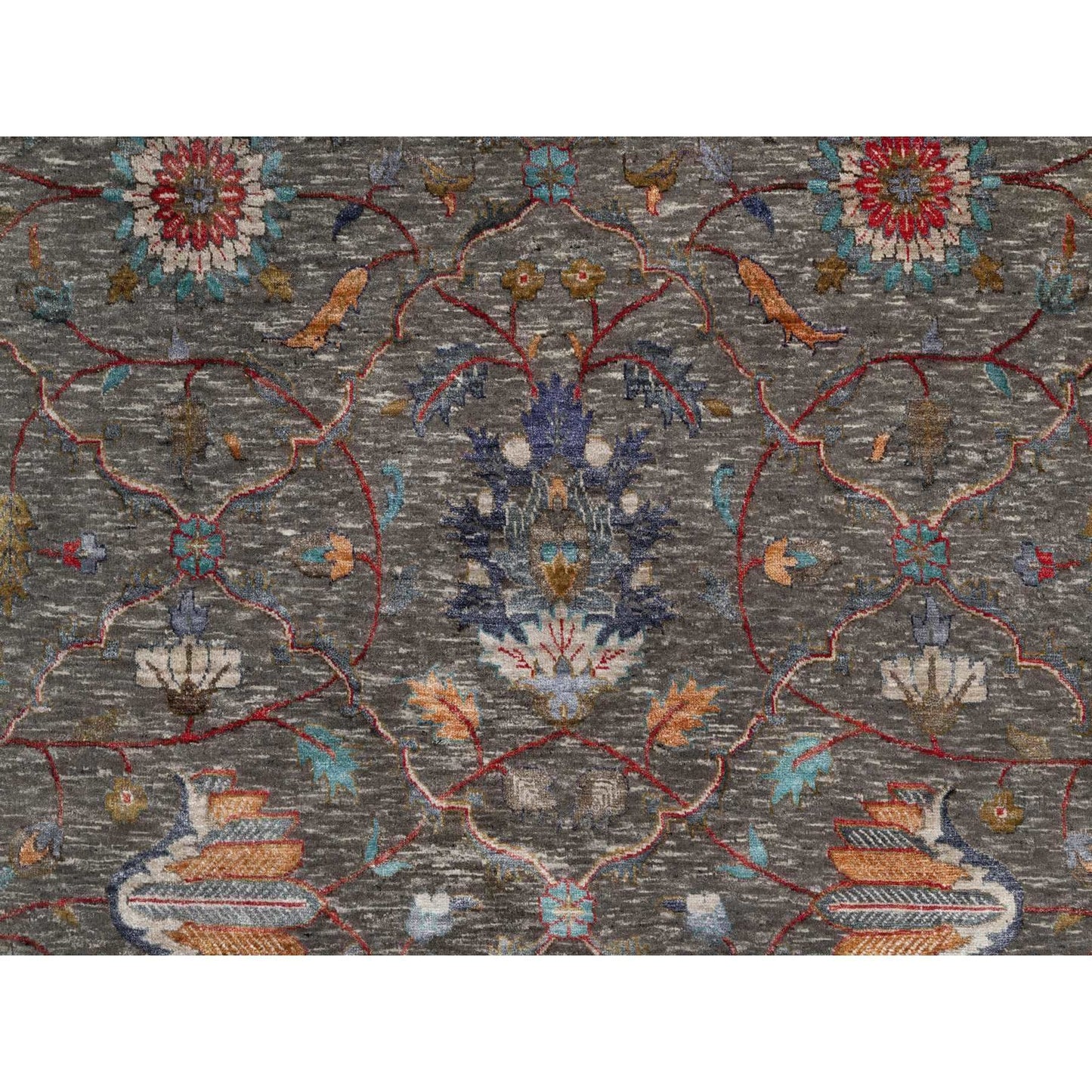 9'X12'1" Brown Scrolls Leaf Design Striae Hand Knotted Silk And Wool Rug