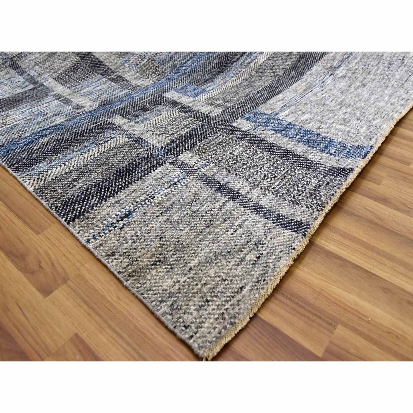 9'X12'1" Gray Geometric Opened Up Plaid Design Wool Hand Knotted Rug