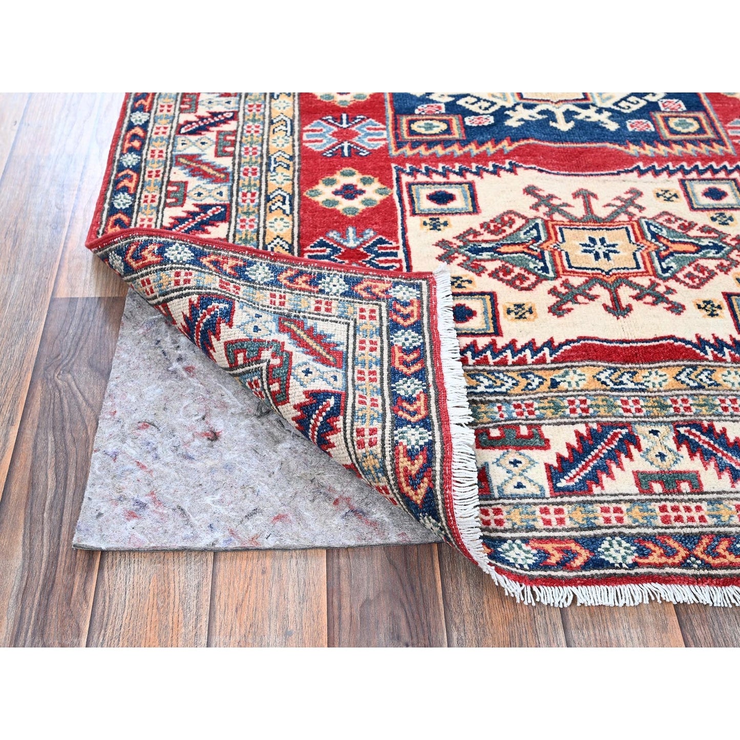 3'9"X5'3" Red Kazak With Geometric Medallions Design Hand Knotted Wool Rug