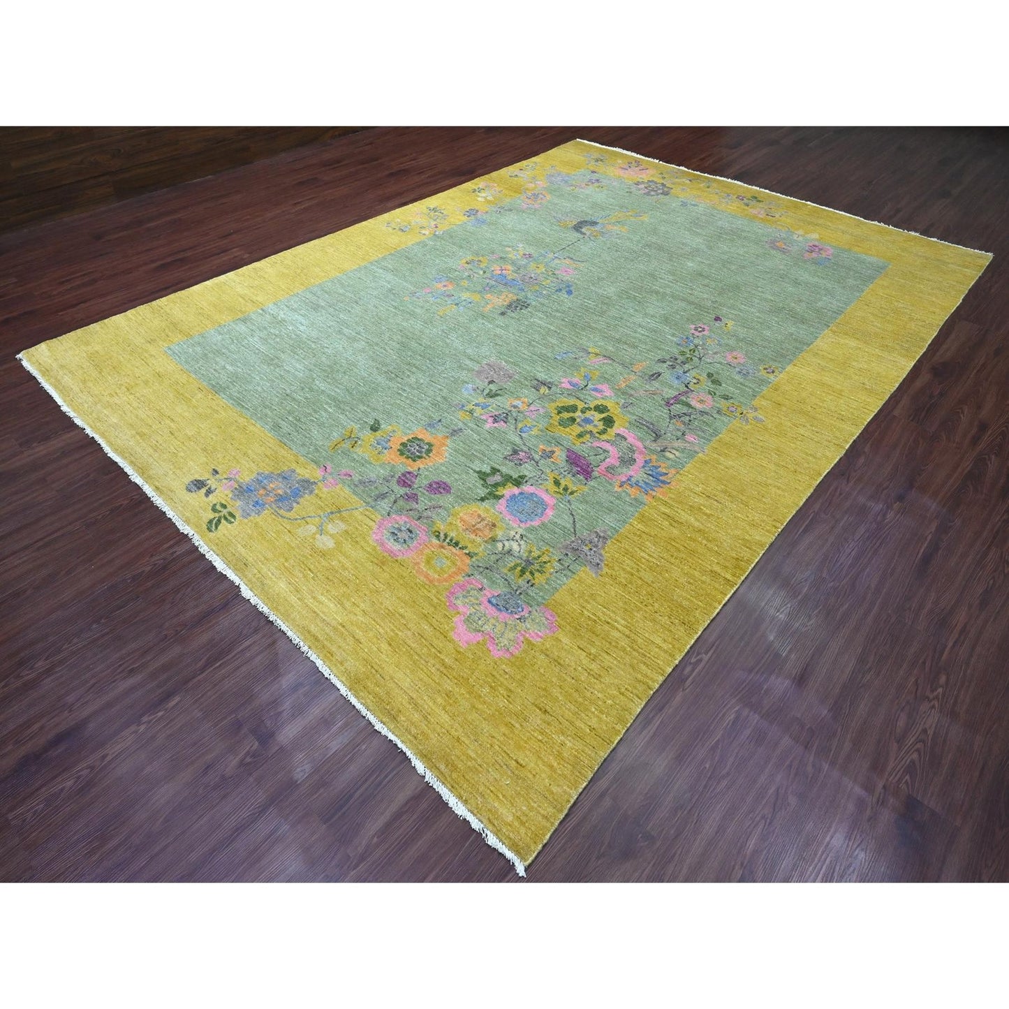 9'1"X12'5" Green Chinese Art Deco Inspired Peshawar Hand Knotted Wool Rug