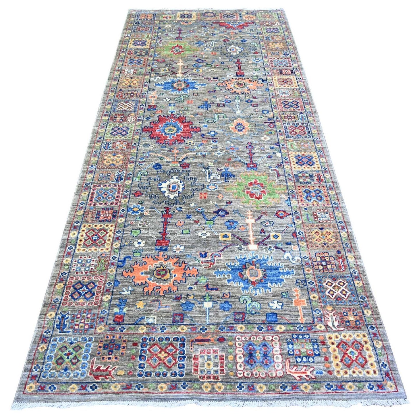 4'1"X9'8" Echo Gray Wool Peshawar Colorful Mahal Hand Knotted Runner Rug