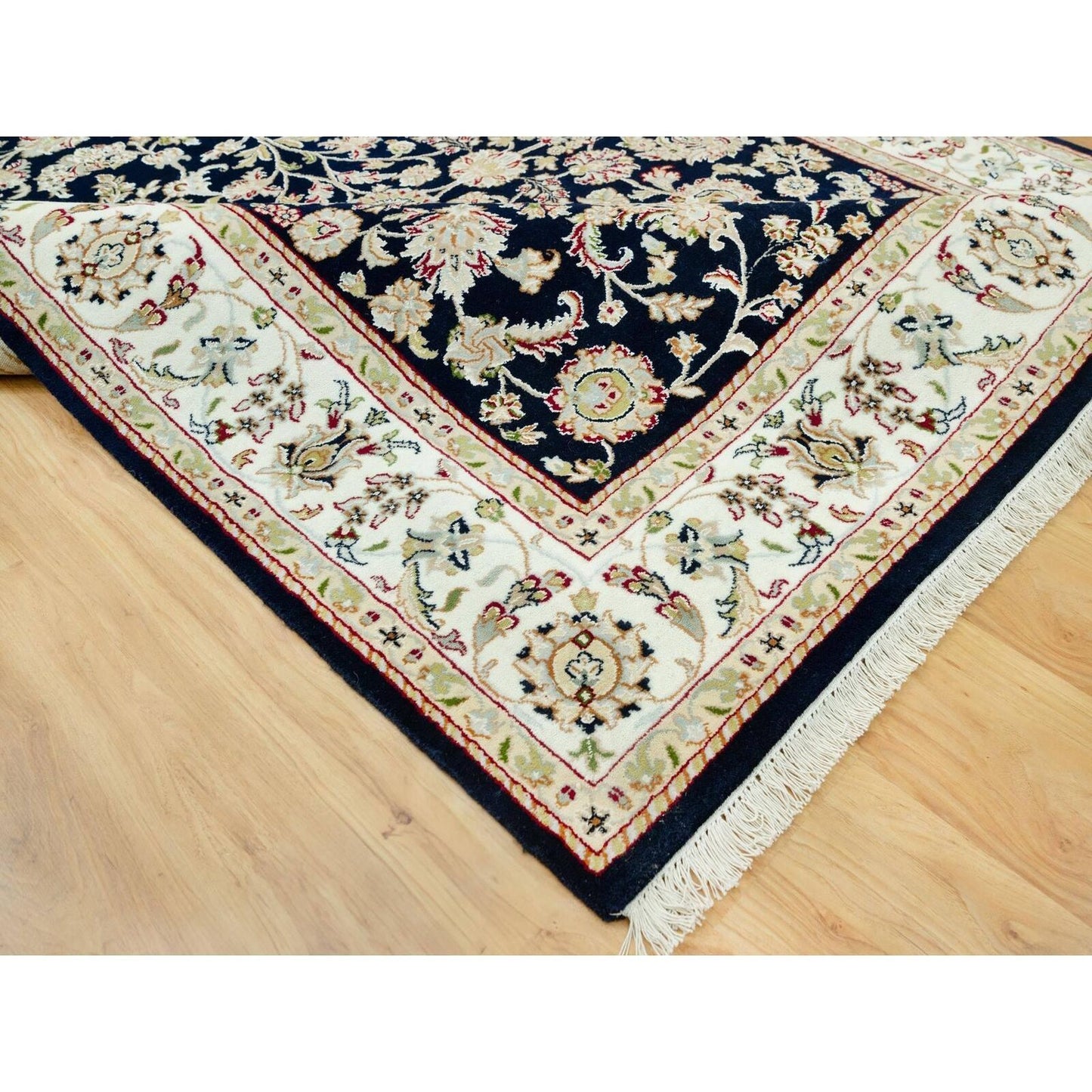 6'1"X9' Big Stone Blue Nain Flower Design Hand Knotted Wool Oriental Rug