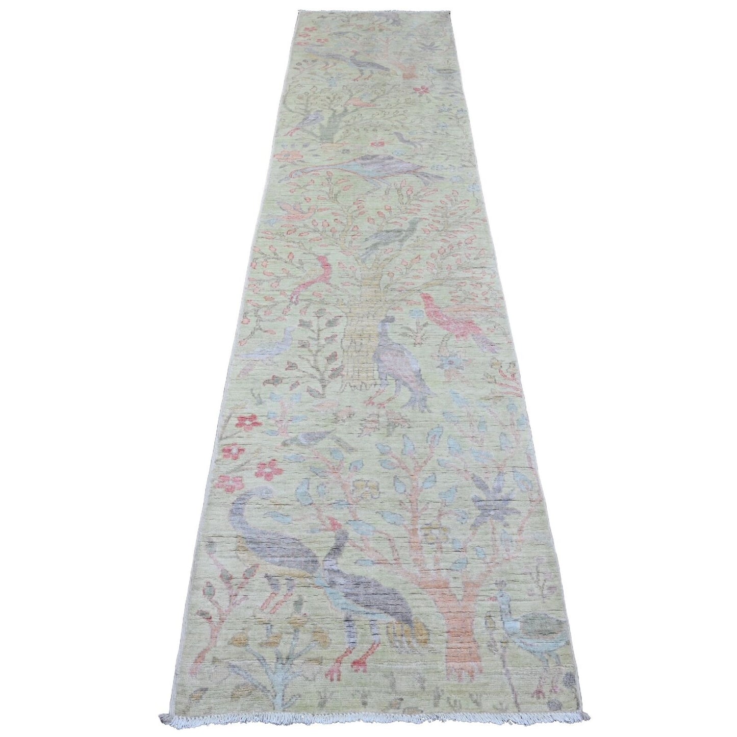 2'6"X11'4" Green Peshawar Birds Design Hand Knotted Soft Wool Runner Rug