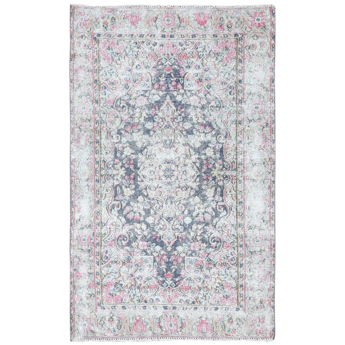 3'7"X5'9" Blue Hand Knotted Old Farsian Karman Worn Wool Oriental Rug