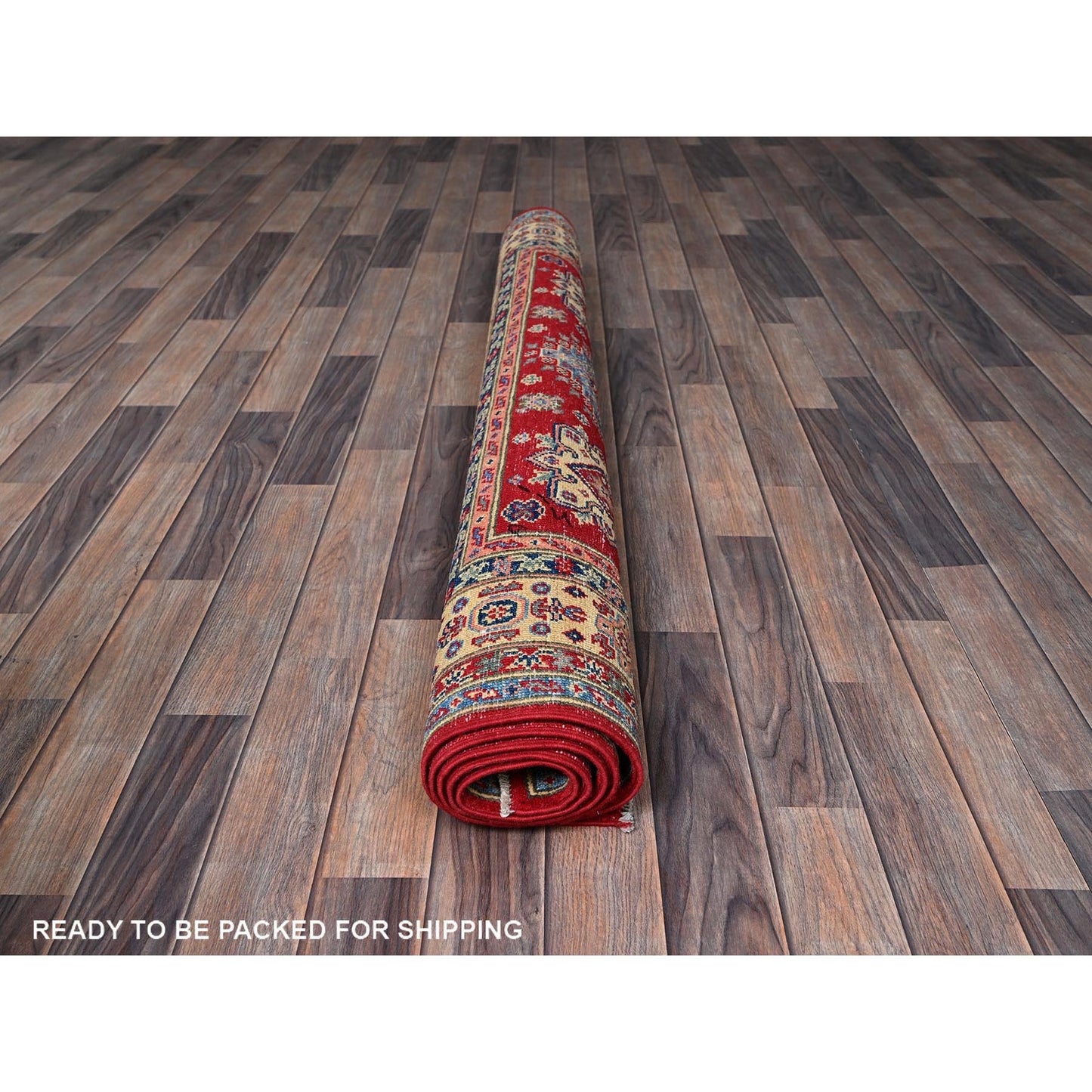 5'X6'4" Scarlet Red Kazak With Geometric Design Hand Knotted Pure Wool Rug