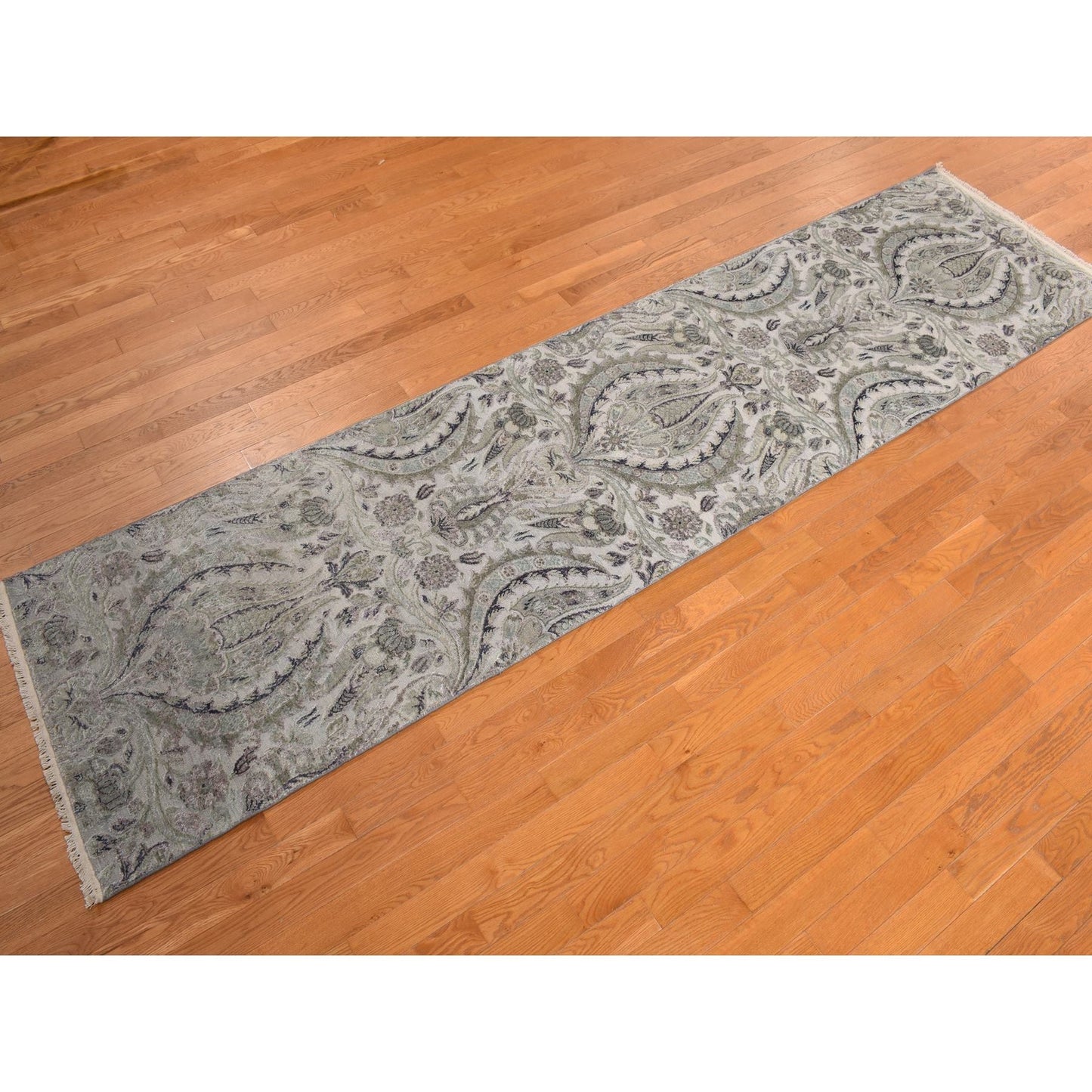 3'X11'10" Mist Gray Flower Design Silk With Wool Hand Knotted Runner Rug
