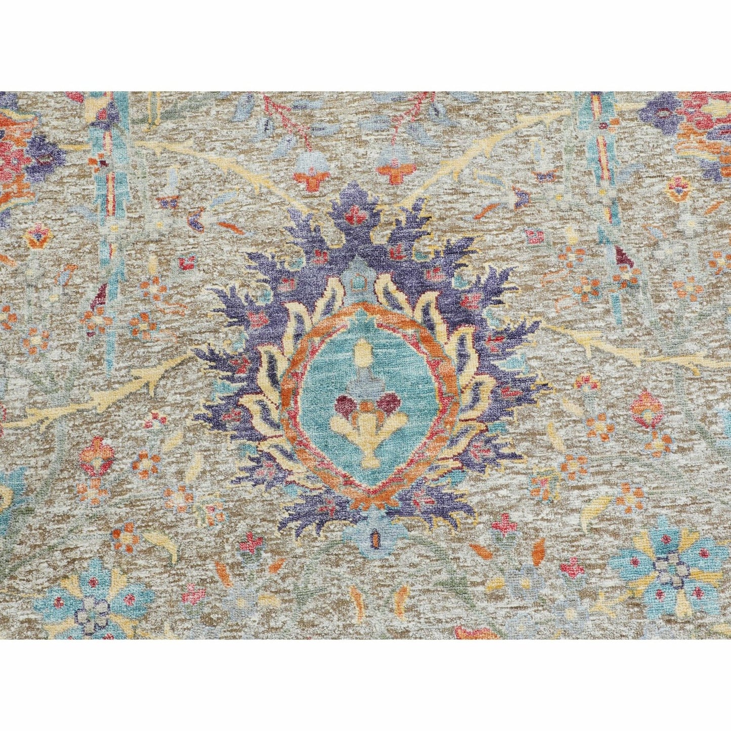 8'10"X8'10" Tan Round Sickle Leaf Design Silk With Wool Hand Knotted Rug