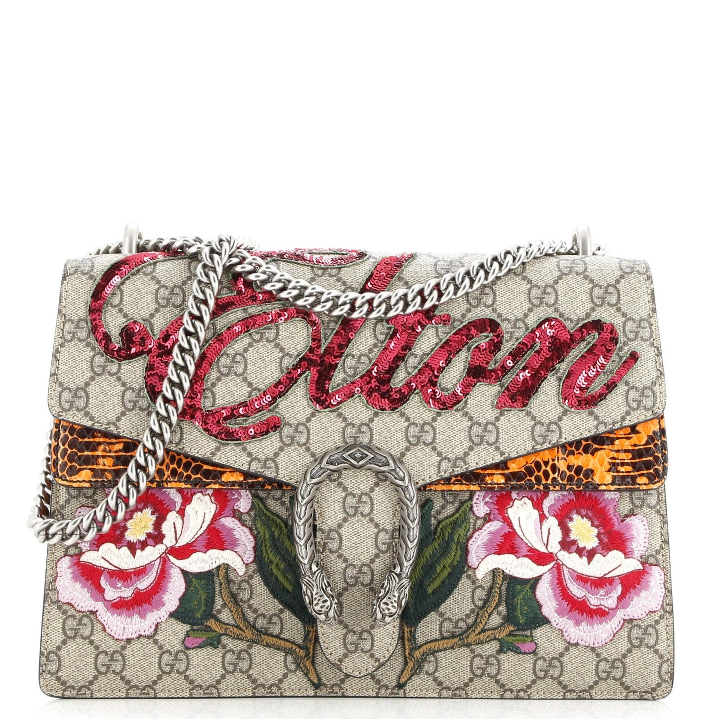 Gucci Dionysus Bag Embroidered Gg Coated Canvas With Python Medium