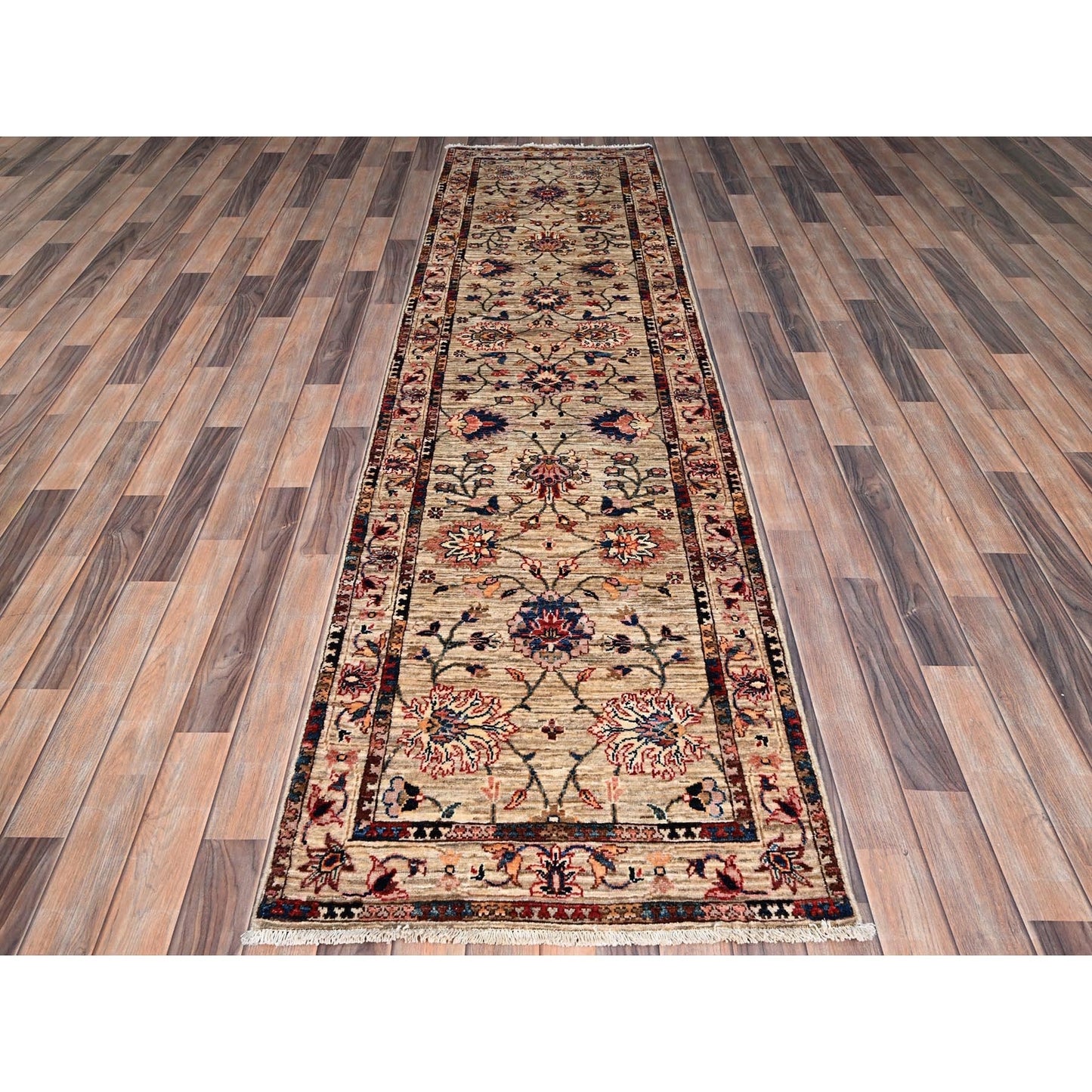 2'7"X9'5" Beige Sultani Flower Blossom Hand Knotted 100% Wool Runner Rug