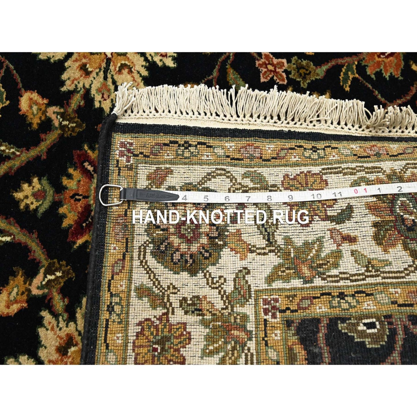 4'X15'9" Black Rajasthan Leaf Design Hand Knotted Wool & Silk Runner Rug