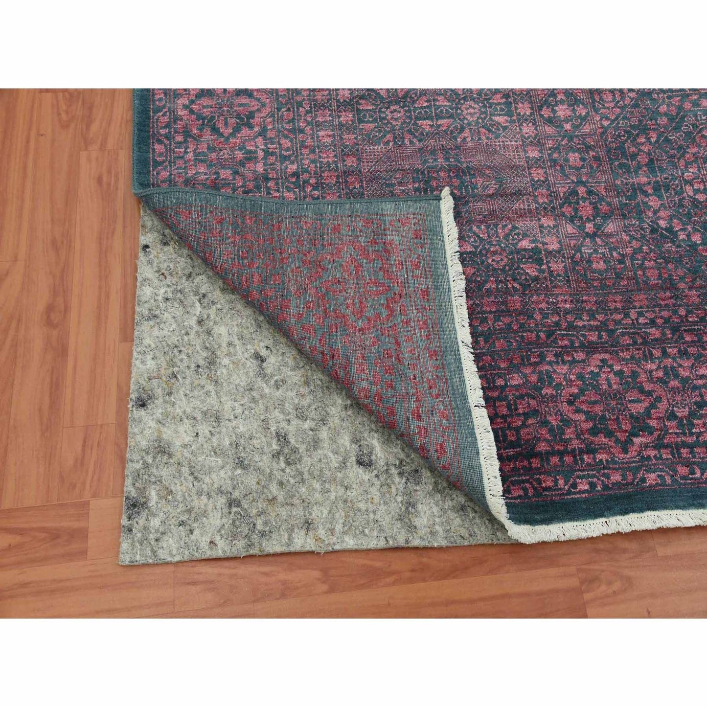 8'X9'9" Dark Green Obscured Mamluk Design Wool And Silk Hand Knotted Rug