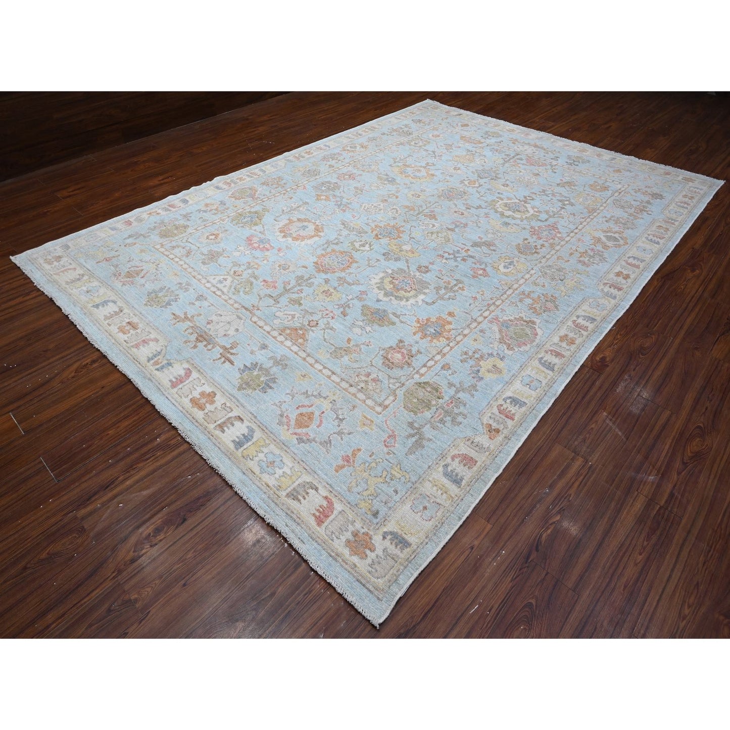9'X12'6" Quilt Blue Afghan Hand Knotted Angora Oushak Oriental Rug