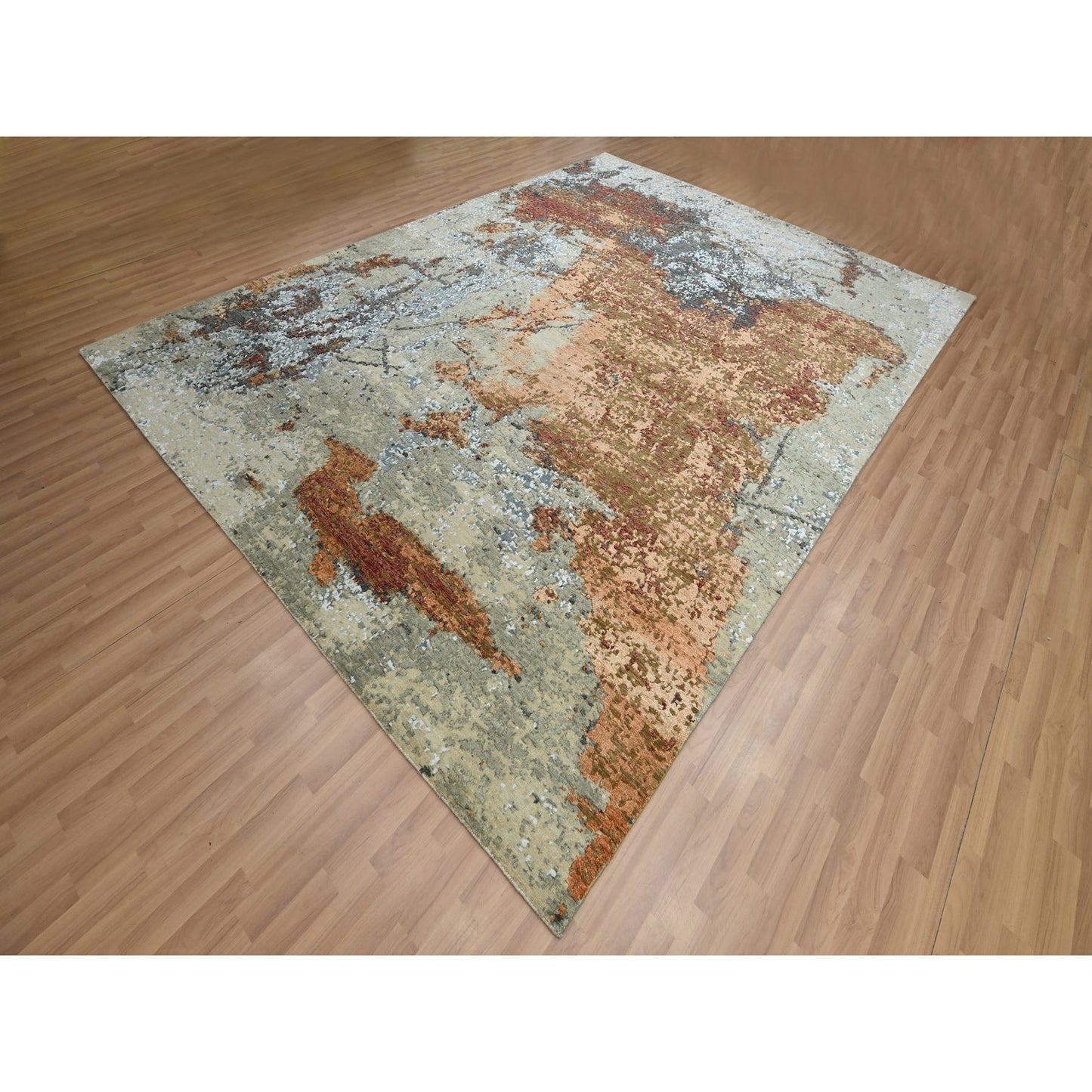 9'X12'2" Beige With Rust Pure Wool Abstract Design Hand Knotted Rug