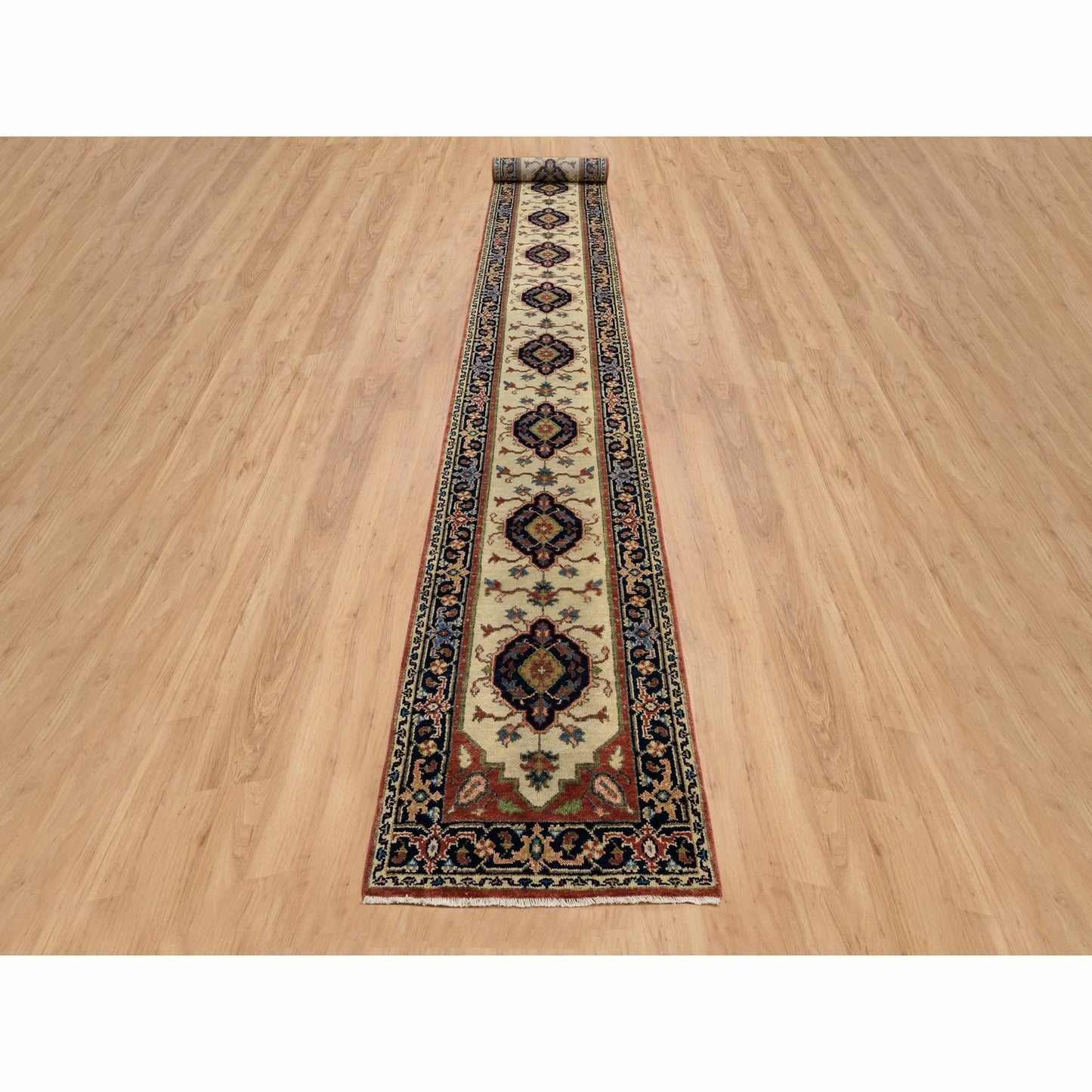 2'5"X19'9" Ivory Hand Knotted Heris Revival Pliable Wool Xl Runner Rug