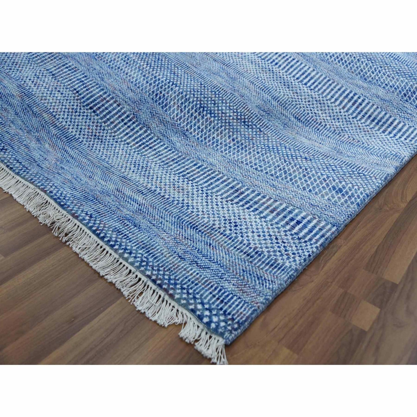 9'1"X12'2" Blue Hand Knotted Grass Design Gabbeh Wool And Silk Rug