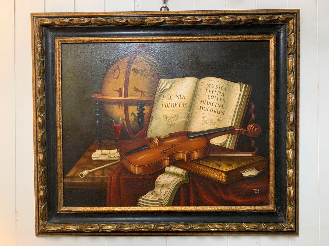 Muzio Carli -Violino Original Oil Painting On Canvas Coa Italy Violin Still Life