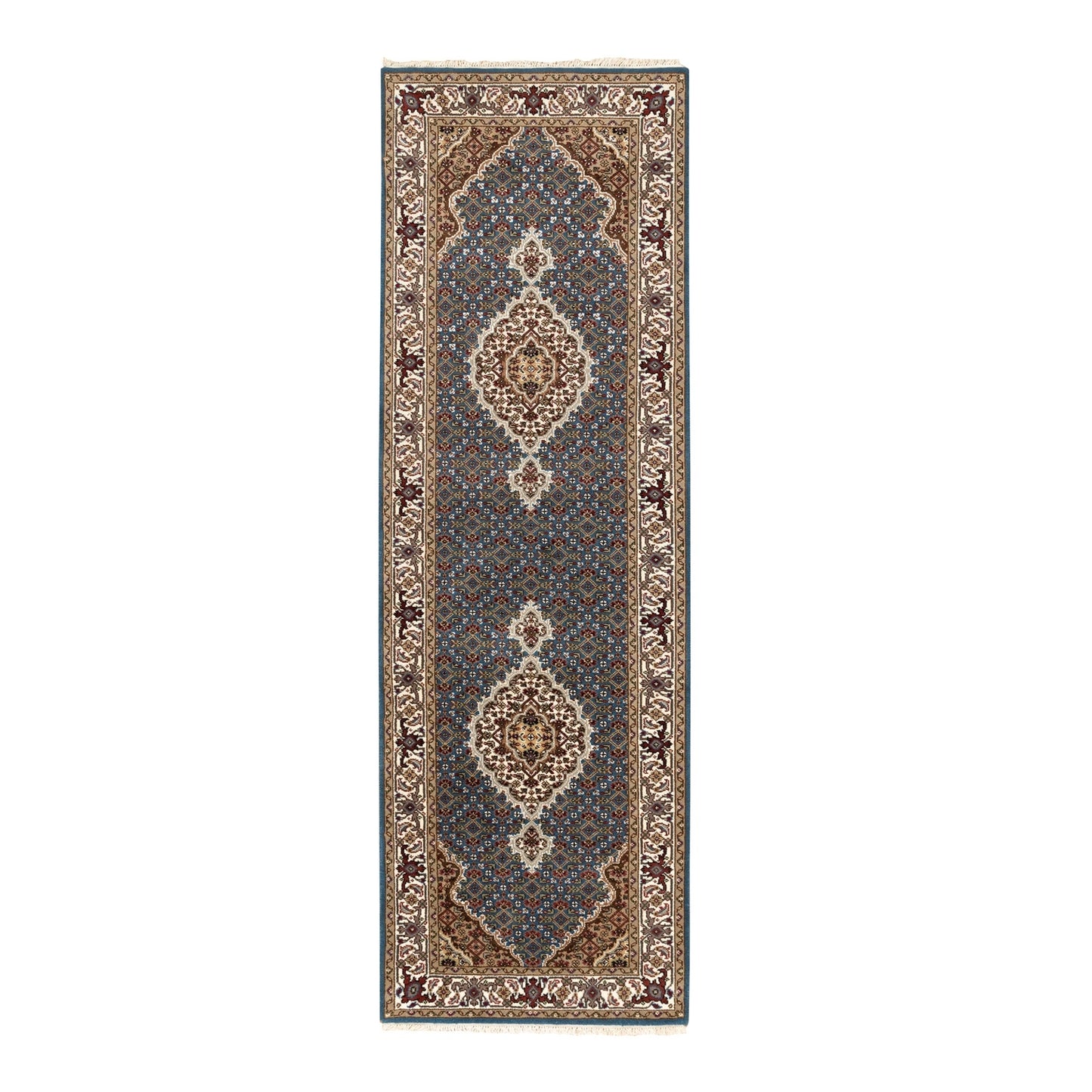 2'7"X8'7" Blue Fish Design Tebraz Mahi Wool And Silk Oriental Runner Rug
