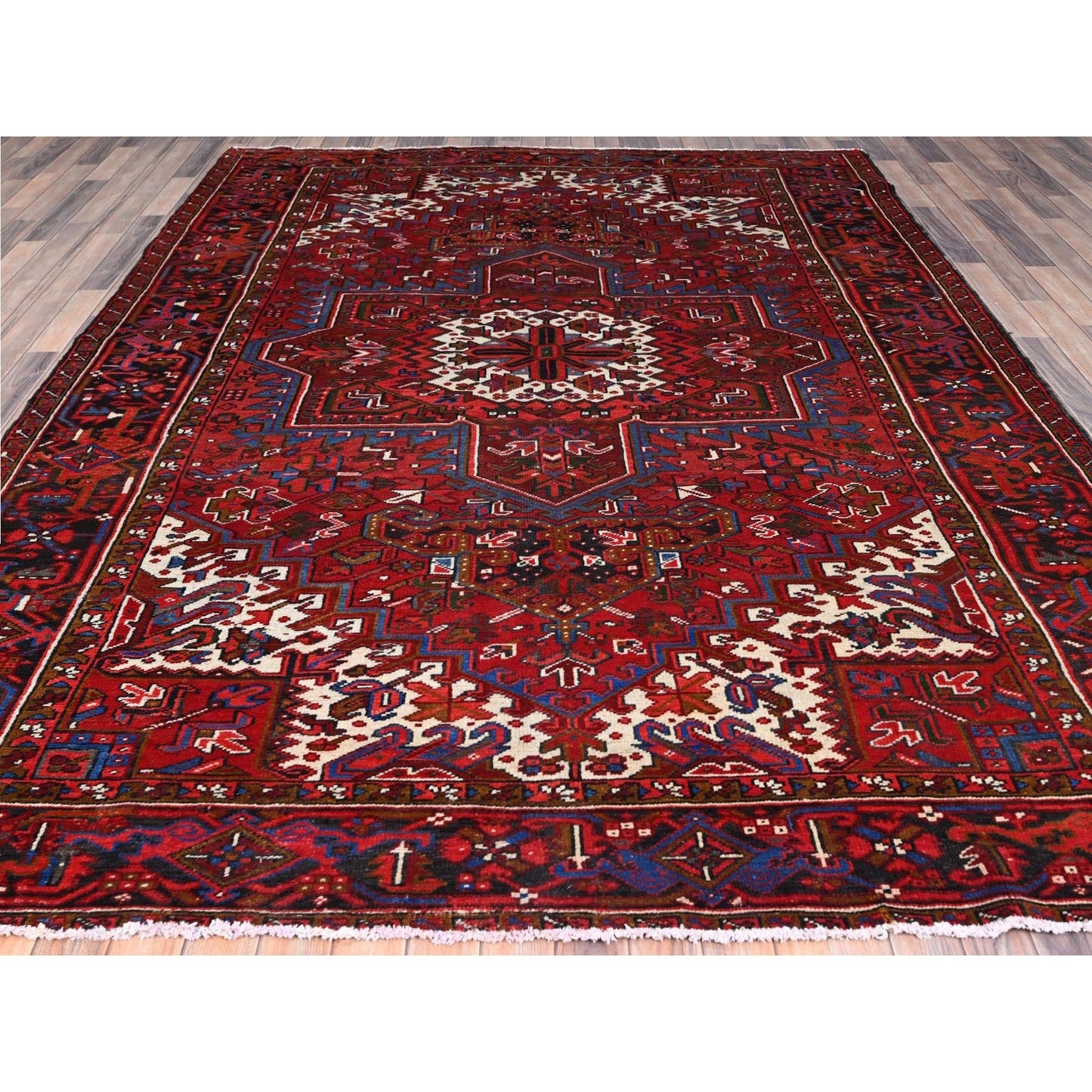 8'X11' Red Abrash Antique Zoroastrian Heris Hand Knotted Pure Wool Rug