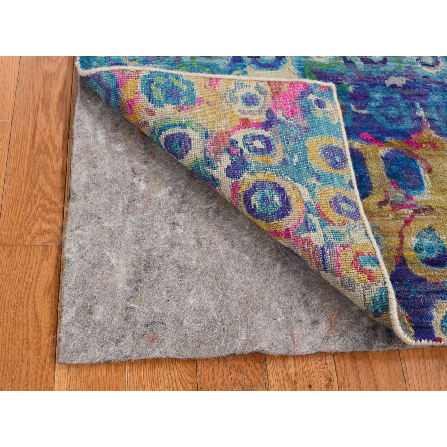 3'X12'4" Admiral Blue The Peacock Sari Silk Hand Knotted Runner Rug