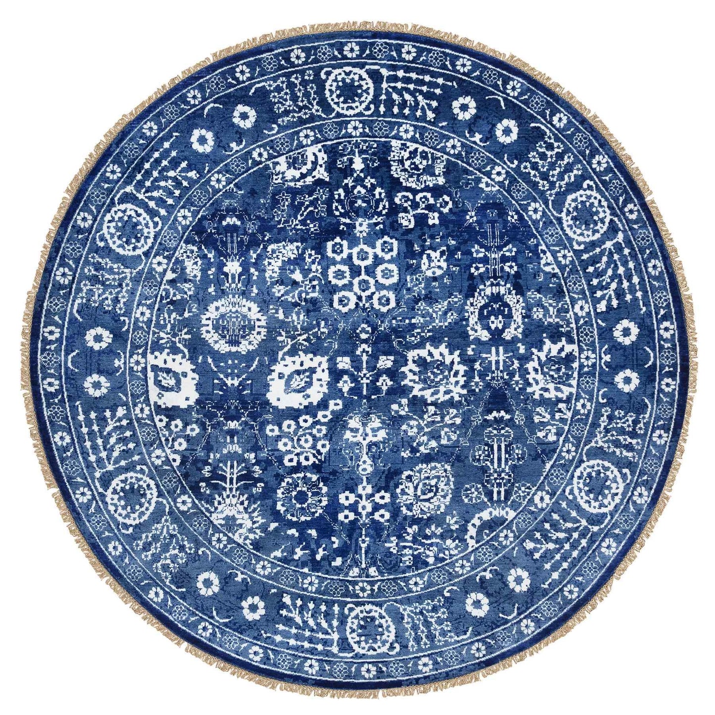 8'2"X8'2" Denim Blue Wool And Silk Hand Knotted Tebraz Round Rug