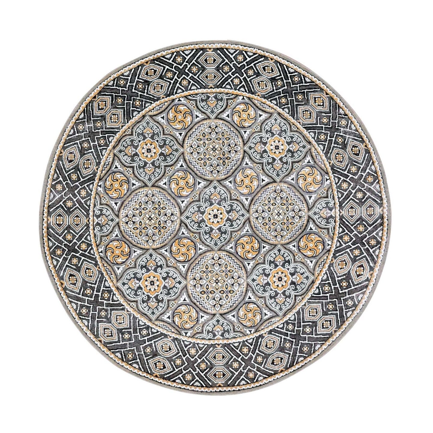 6'2"X6'2" Taupe-Brown Silk Mughal Inspired Hand Knotted Wool Round Rug