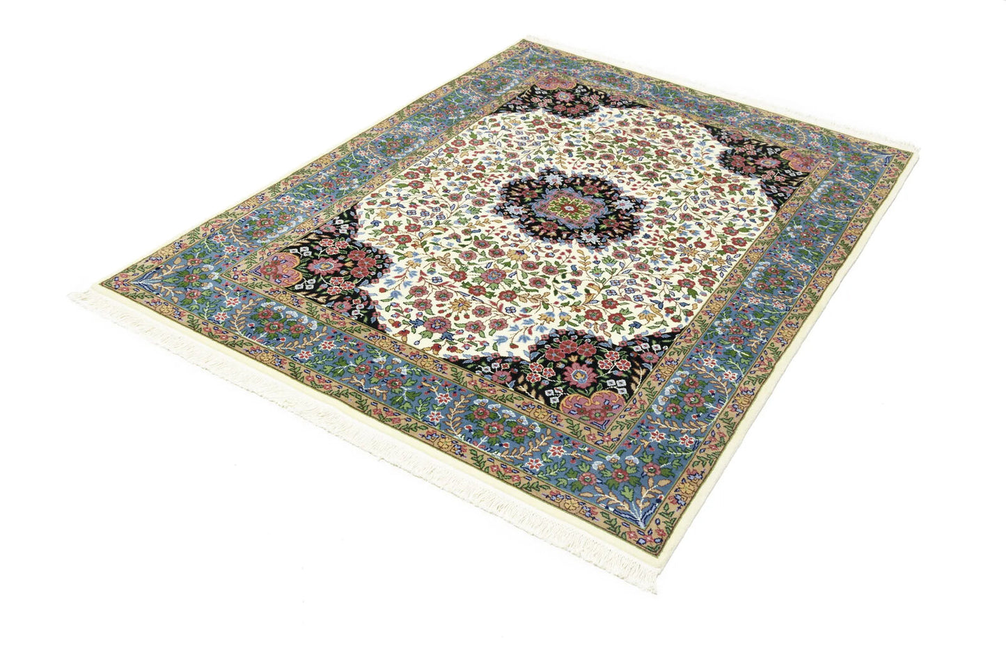 Handmade Kirman Oriental Rug Cream & Blue Floral
