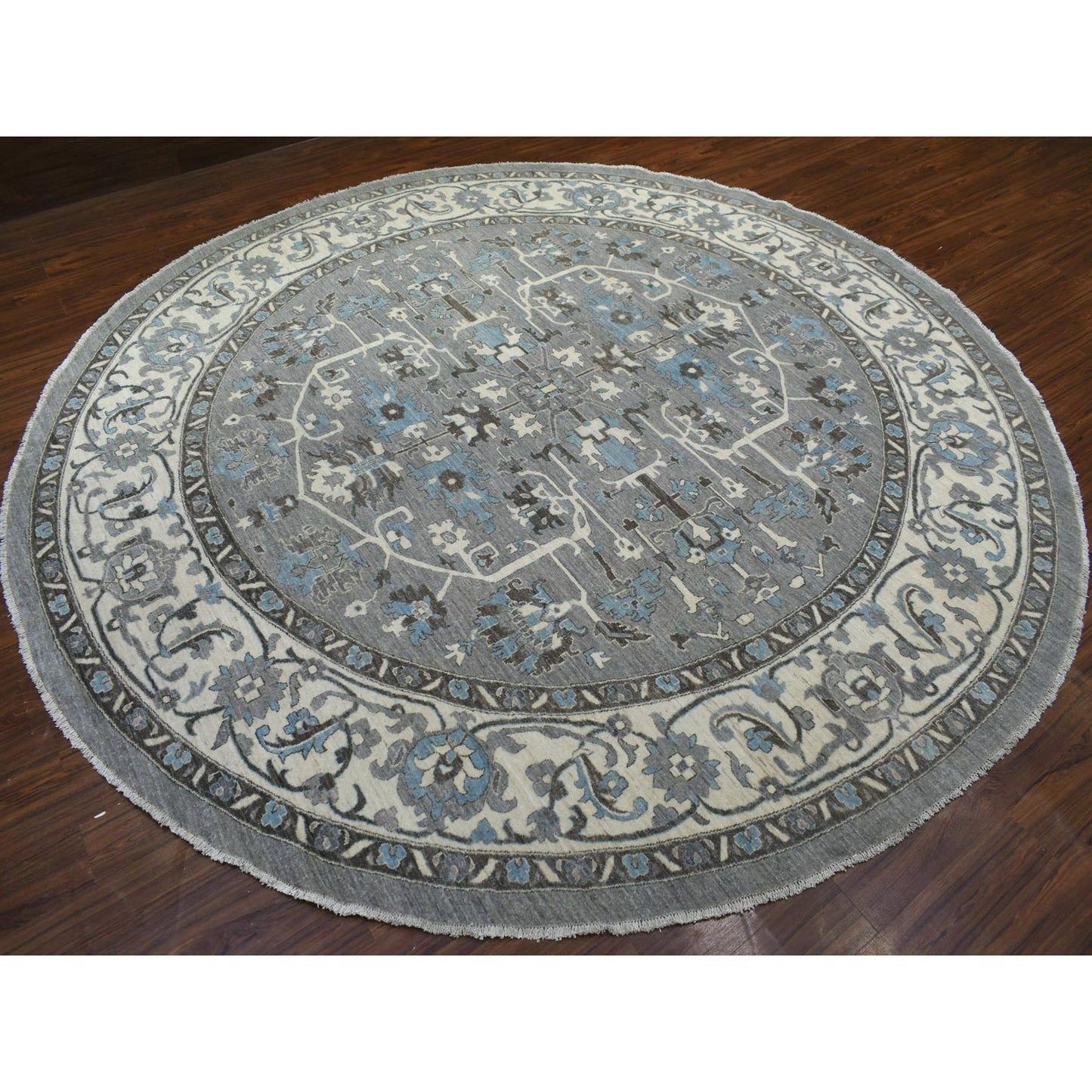 11'8"X11'8" Hand Knotted Gray Heriz Fine Peshawar Pure Wool Round Rug