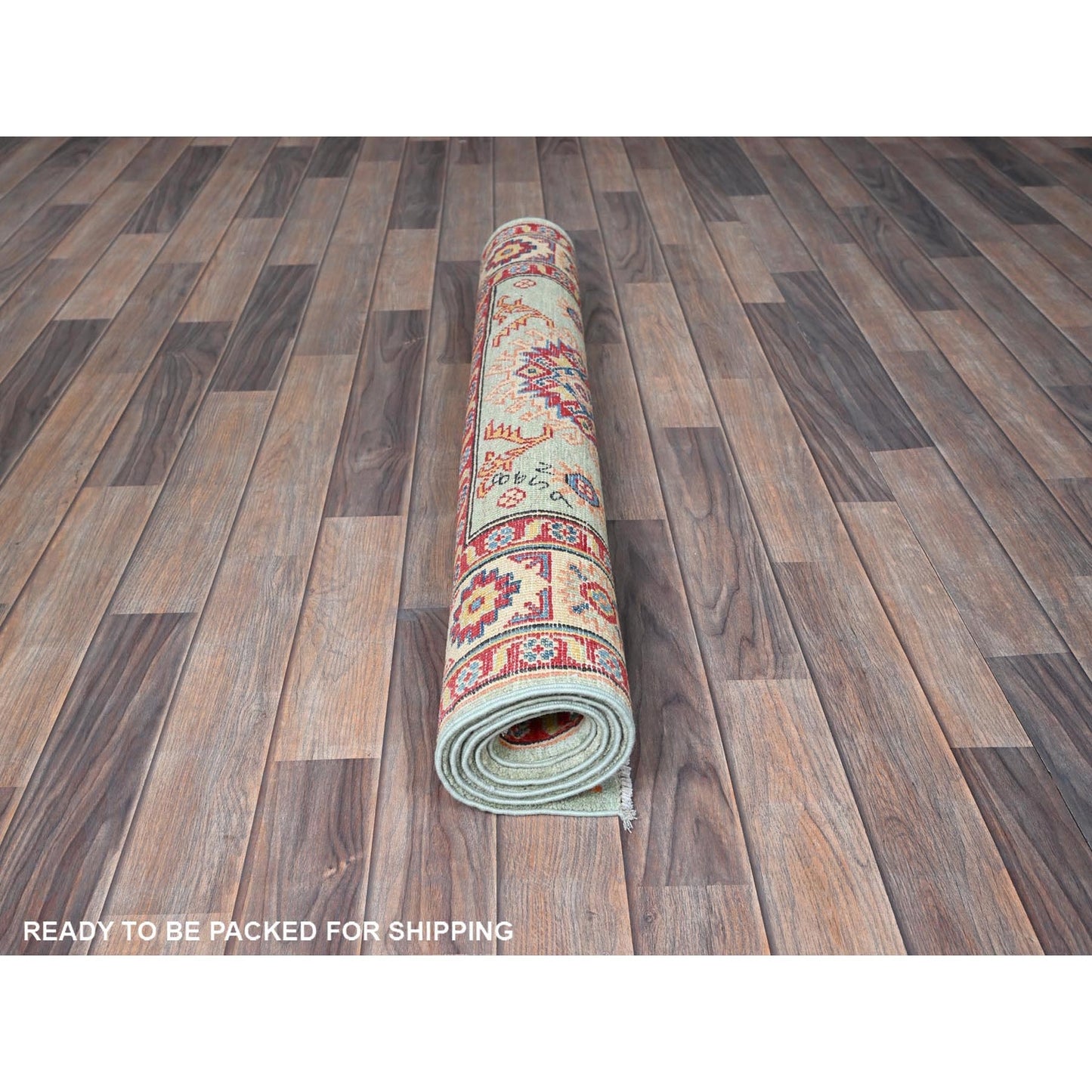 3'5"X5' Honeydew Green Kazak With Tribal Design Soft Wool Hand Knotted Rug