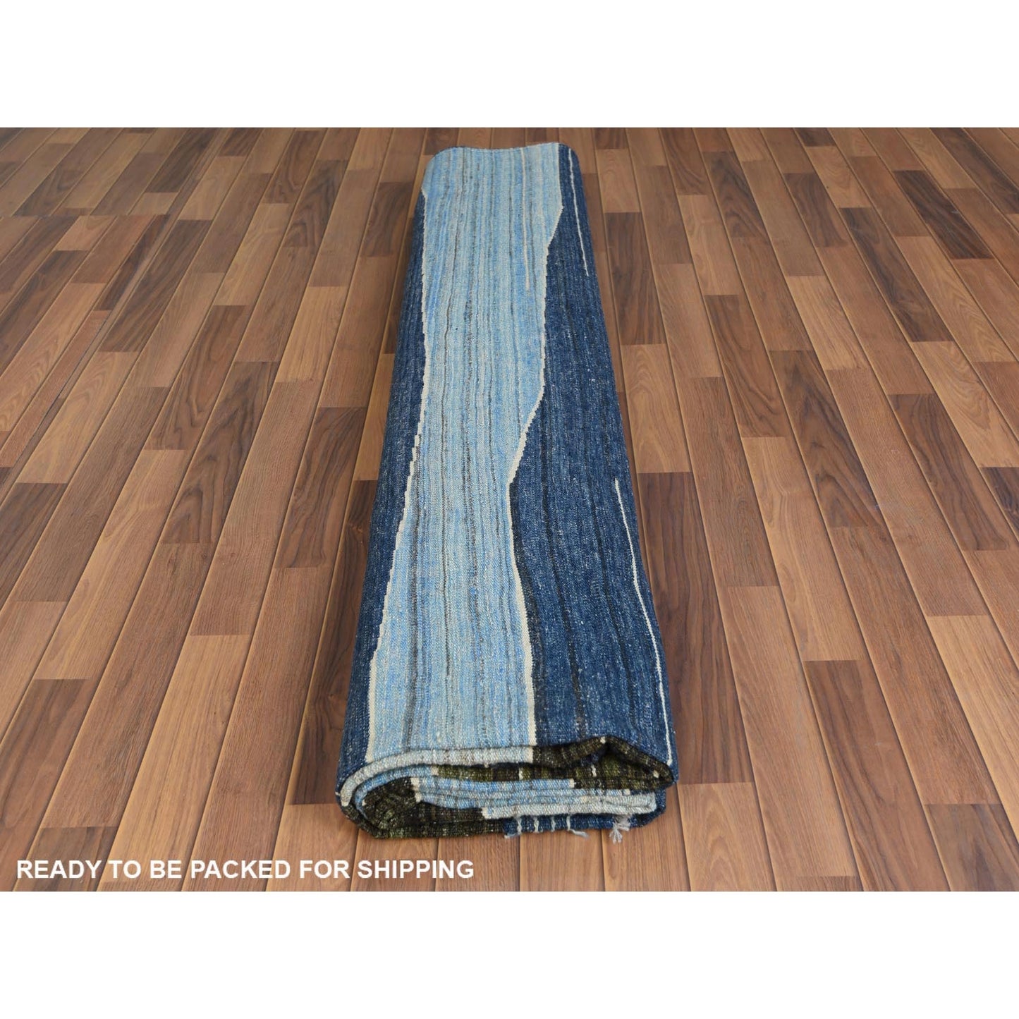 12'5"X15' Hand Woven Brown And Blue Mountain Design Flat Weave Kilim Rug