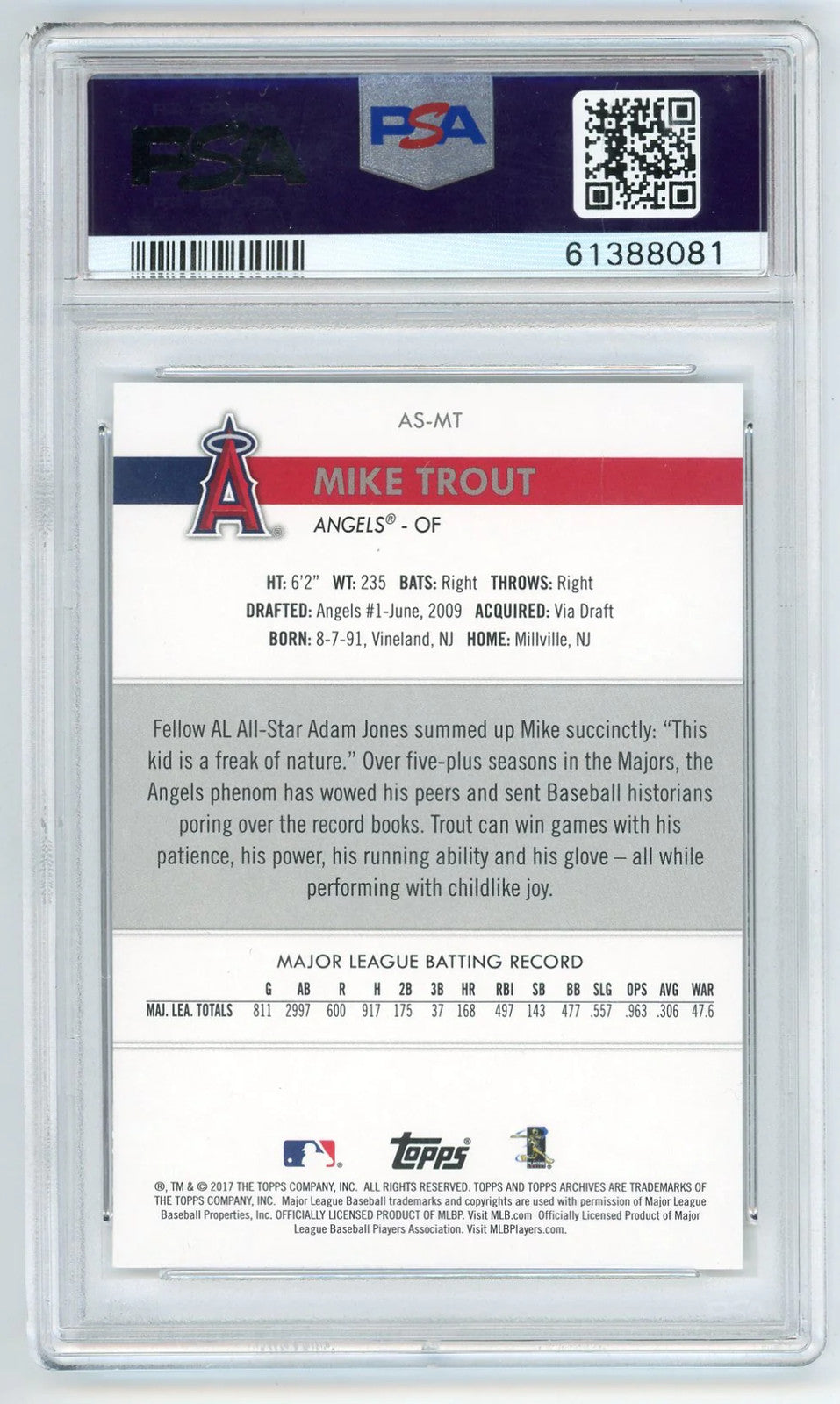 Mike Trout 2017 Topps Archives Snapshots #Asmt Psa Mt 10