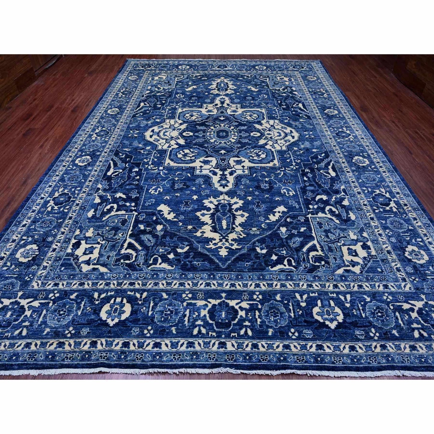 10'X13'10" Denim Blue Seeripe Heris Revival Ghazni Wool Hand Knotted Rug