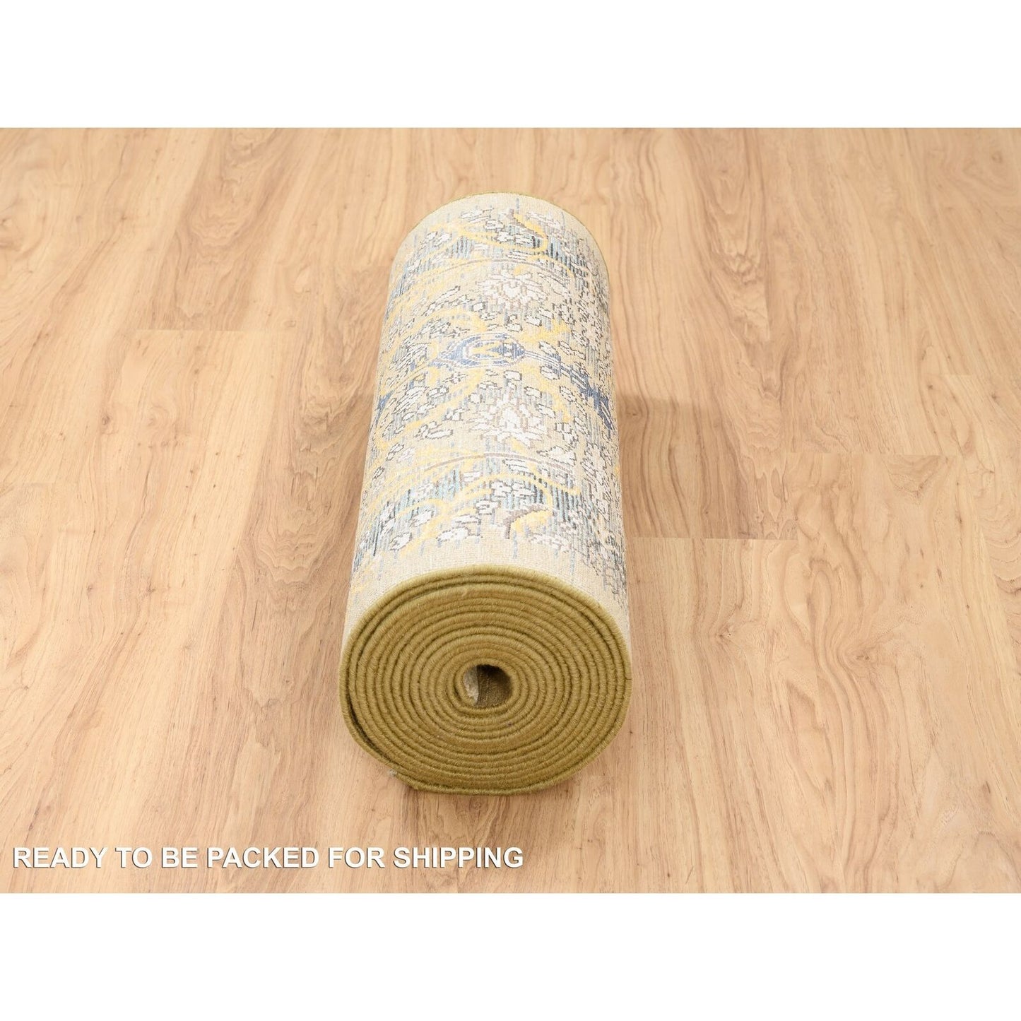 2'7"X22' Gold Brown Hand Knotted Silk With Textured Wool Xl Runner Rug