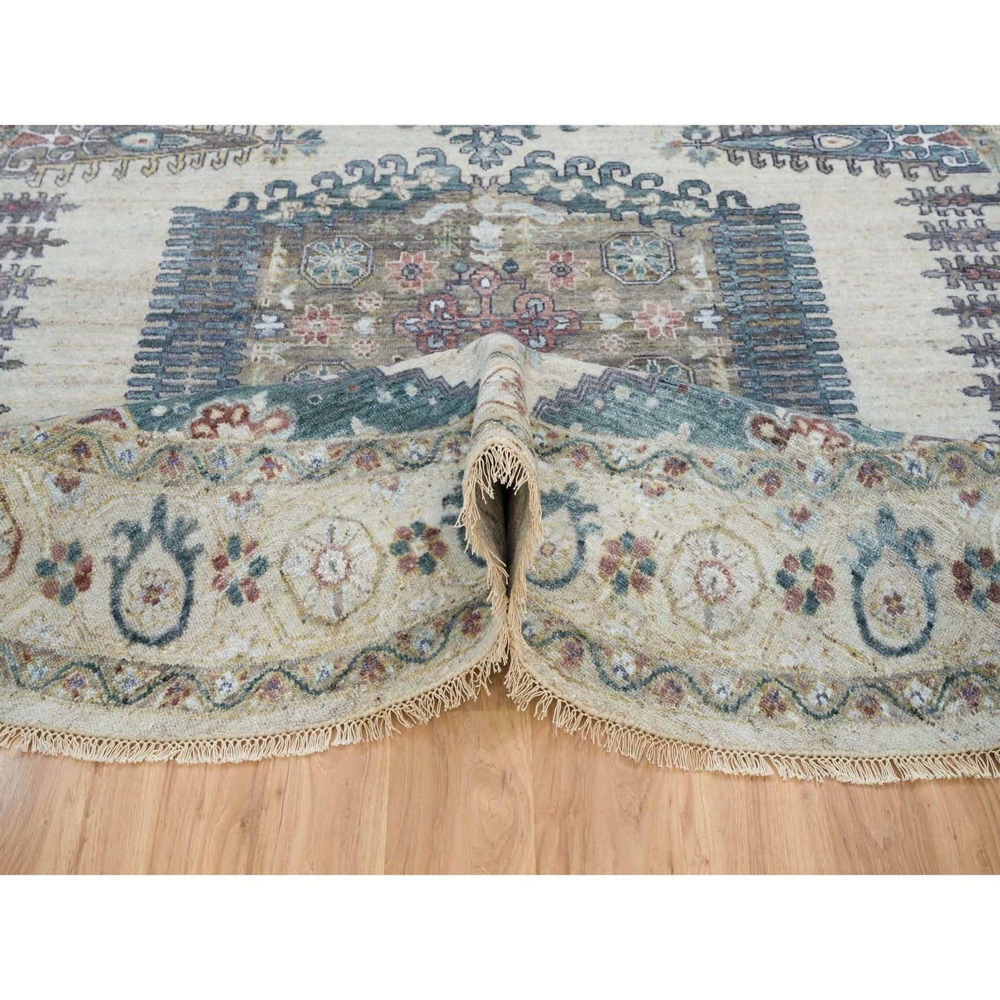 9'9"X9'9" Ivory Hand Knotted Reimagined Viss Design Round Oriental Rug