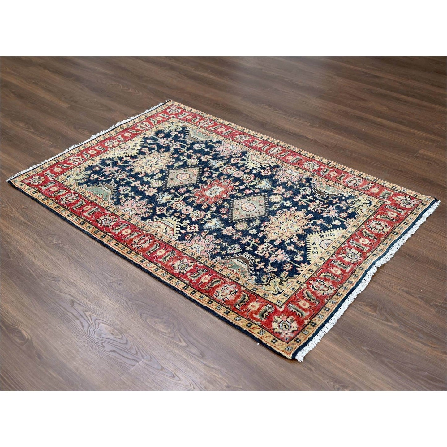 4'2"X6' Black And Red Karajeh Design Pure Wool Hand Knotted Oriental Rug