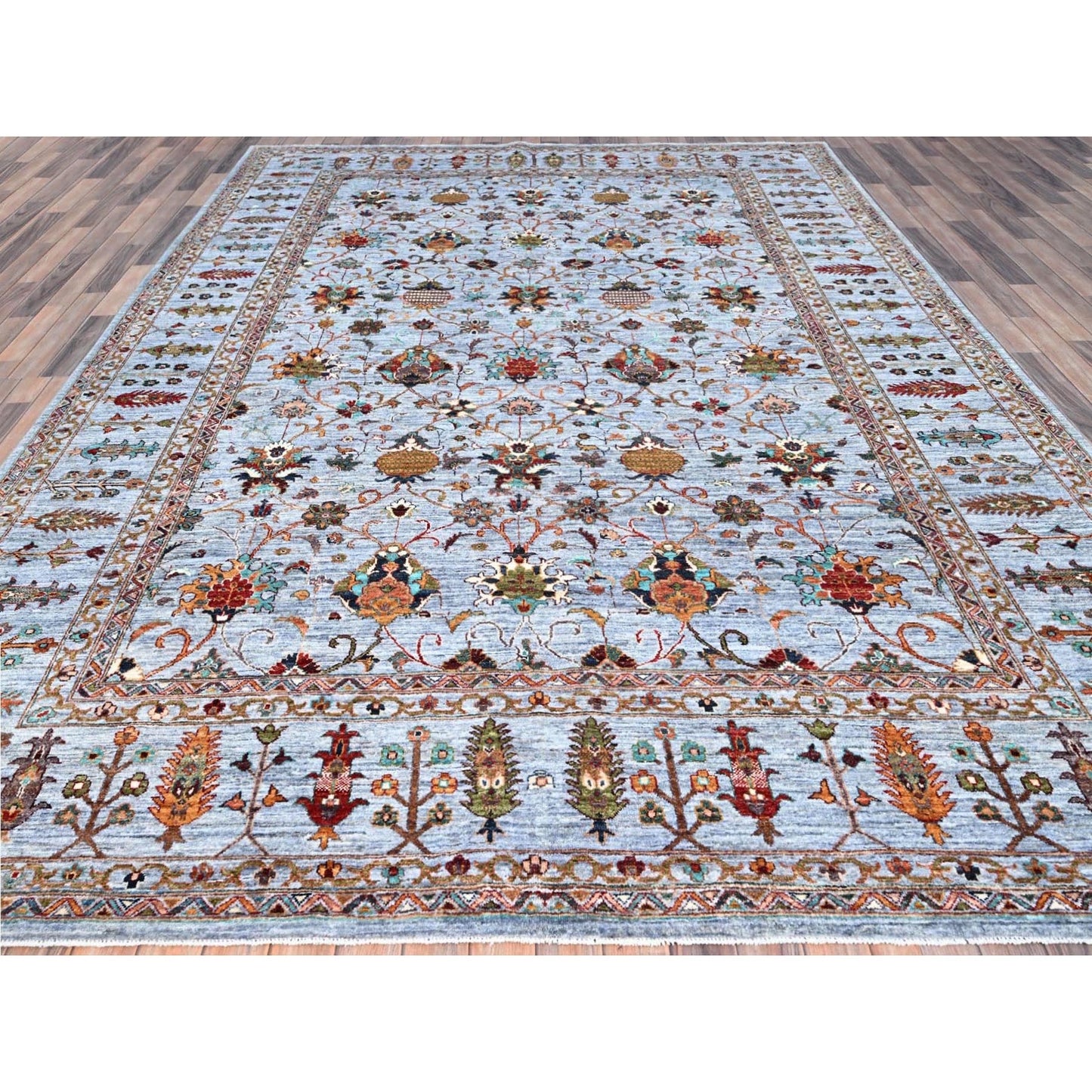 9'2"X12'4" Oxford Gray Wool Hand Knotted Sultani Pomegranate Design Rug