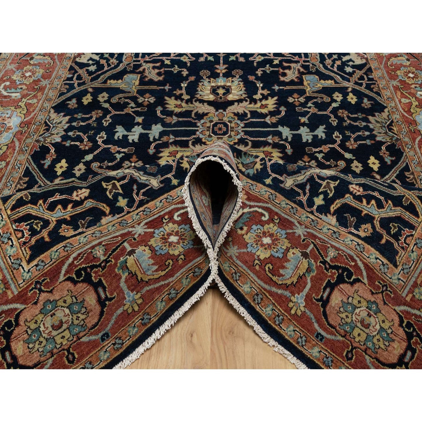 6'2"X9'2" Polo Blue Pure Wool Soft Antiqued Fine Heris Hand Knotted Rug