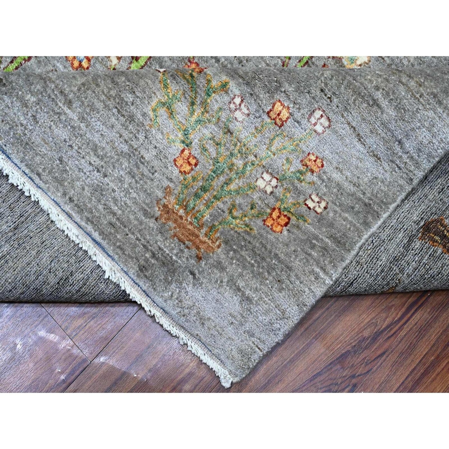 10'X13'10" Screen Gray Wool Hand Knotted Folk Art Willow Cypress Tree Rug