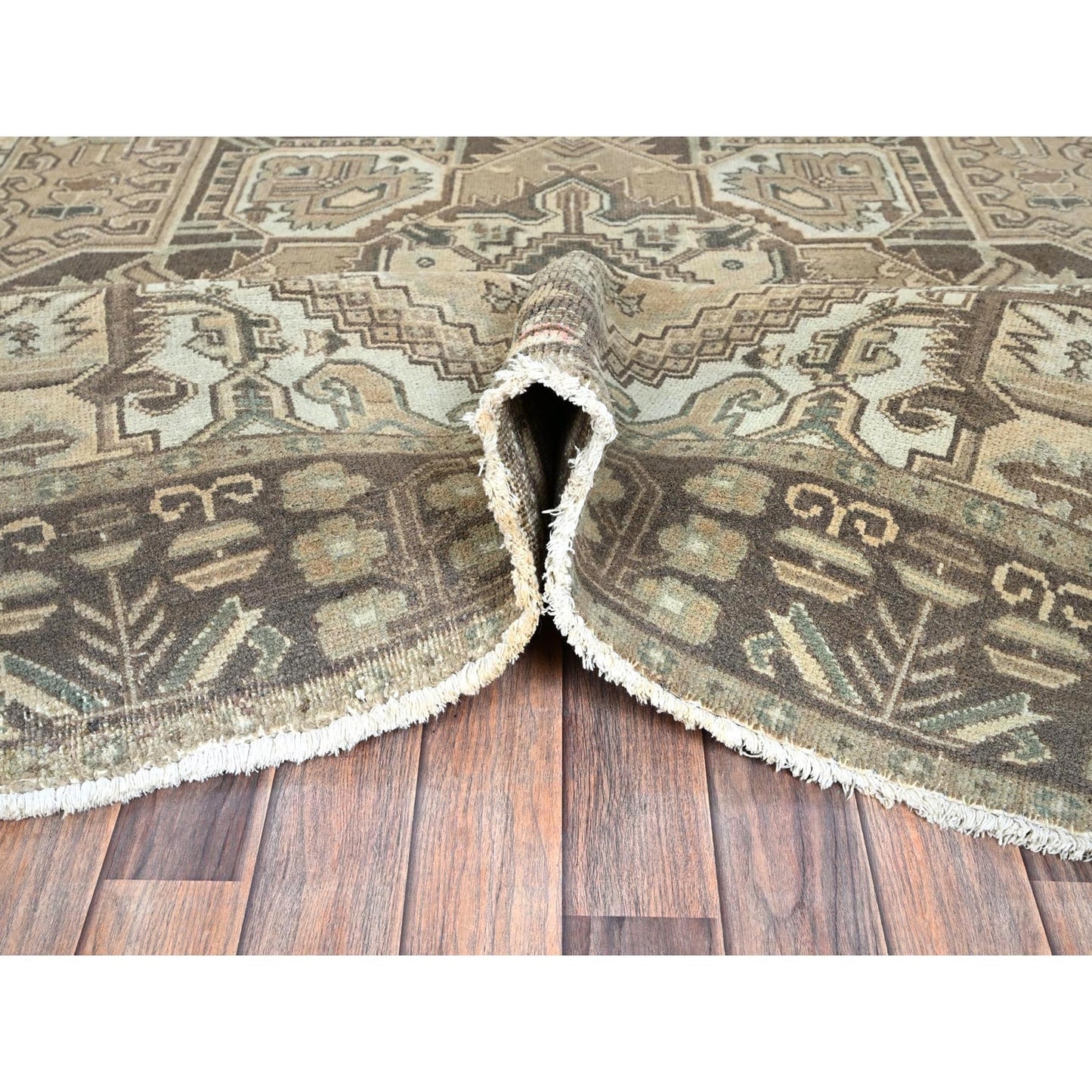 6'7"X9'3" Khaki Brown Vintage Zoroastrian Heris Hand Knotted Pure Wool Rug