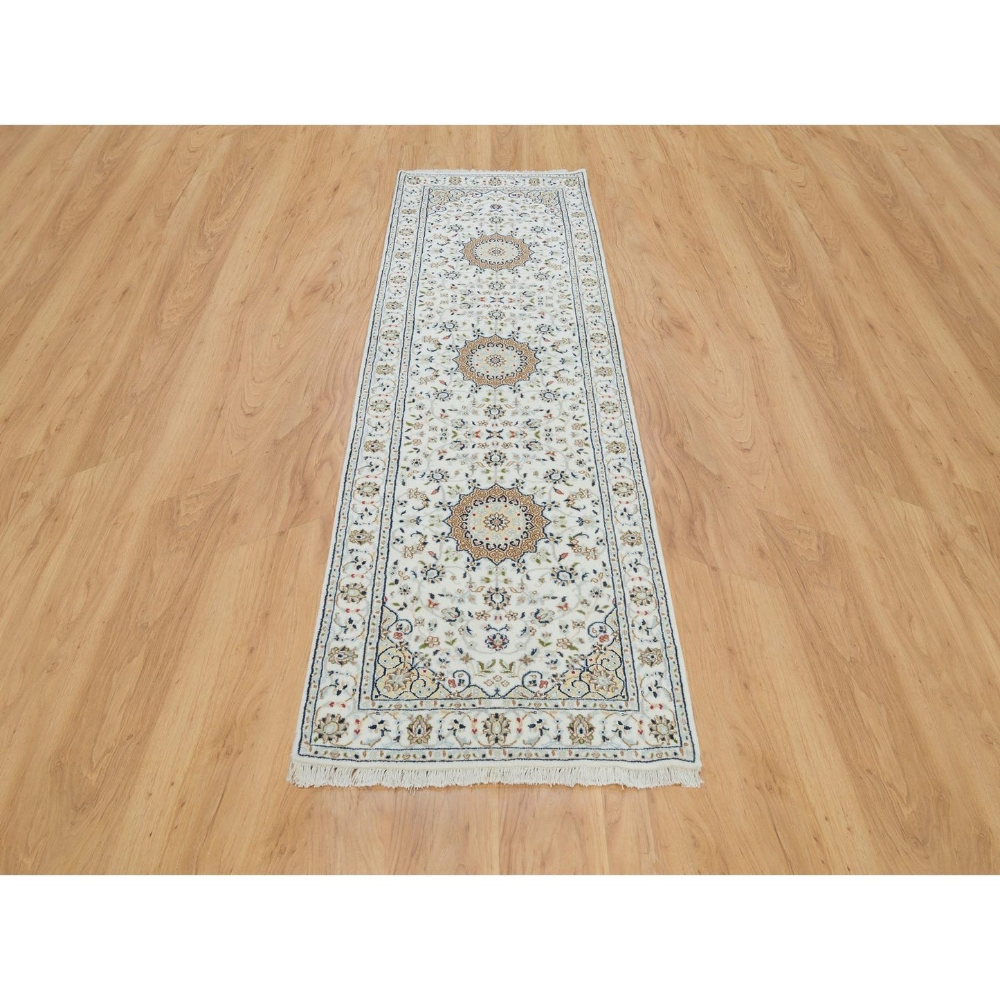 2'6"X8'2" White Hand Knotted Nain Design 250 Kpsi Organic Wool Runner Rug