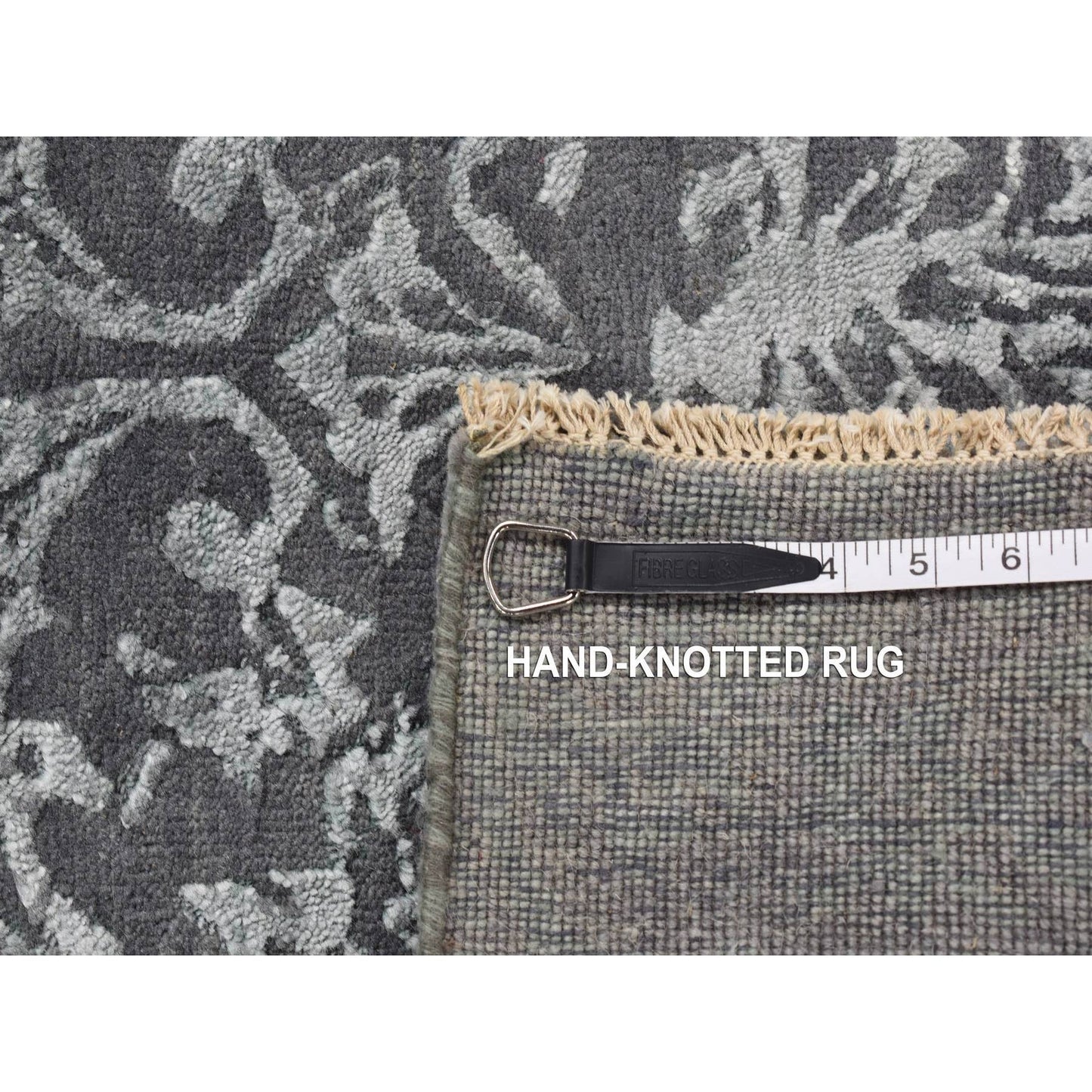 2'9"X6'9" Gray Erased Abarasque Design Wool And Silk Handmade Runner Rug