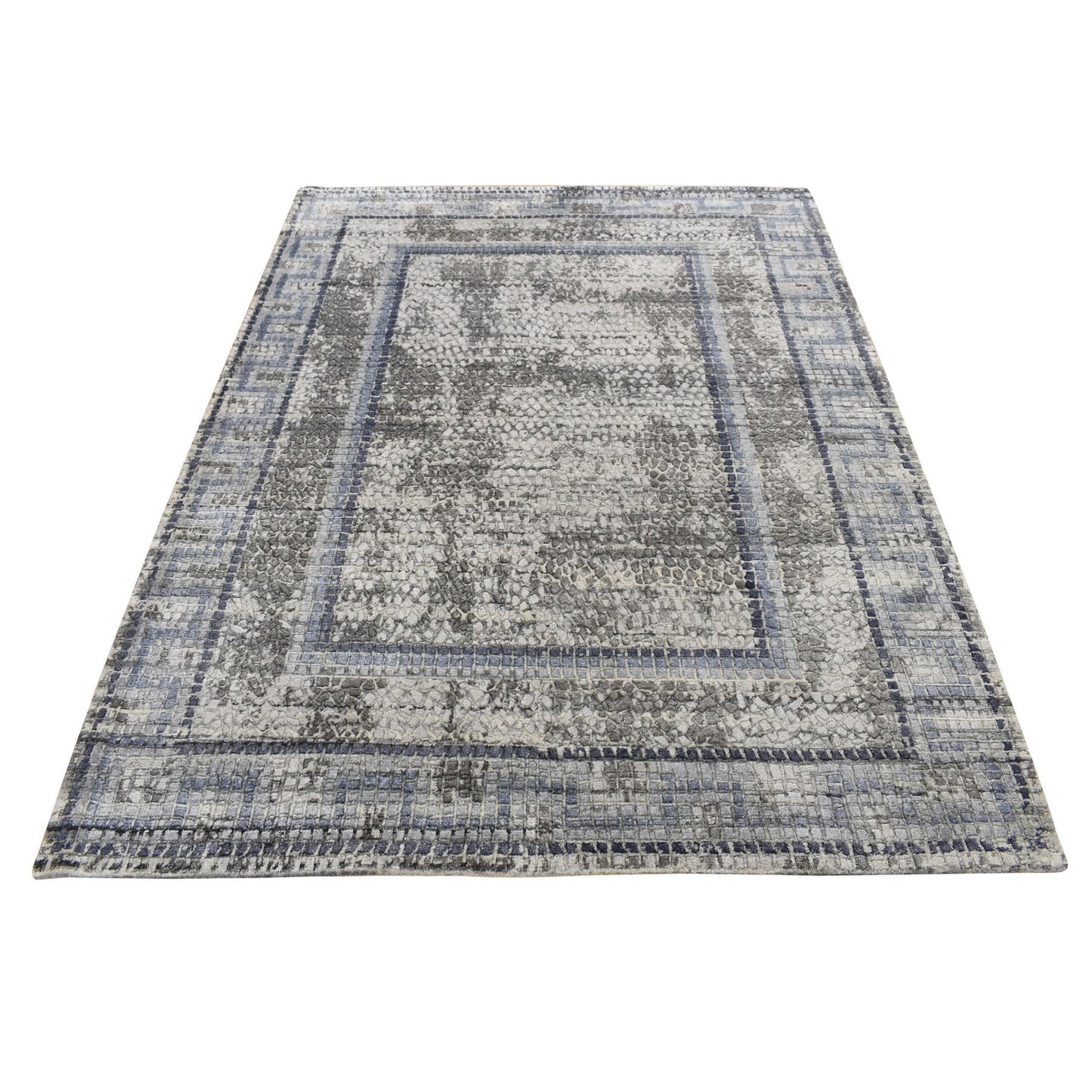5'2"X6'10" Timberwolf Gray Silken Roman Mosaic Design Hand Knotted Rug