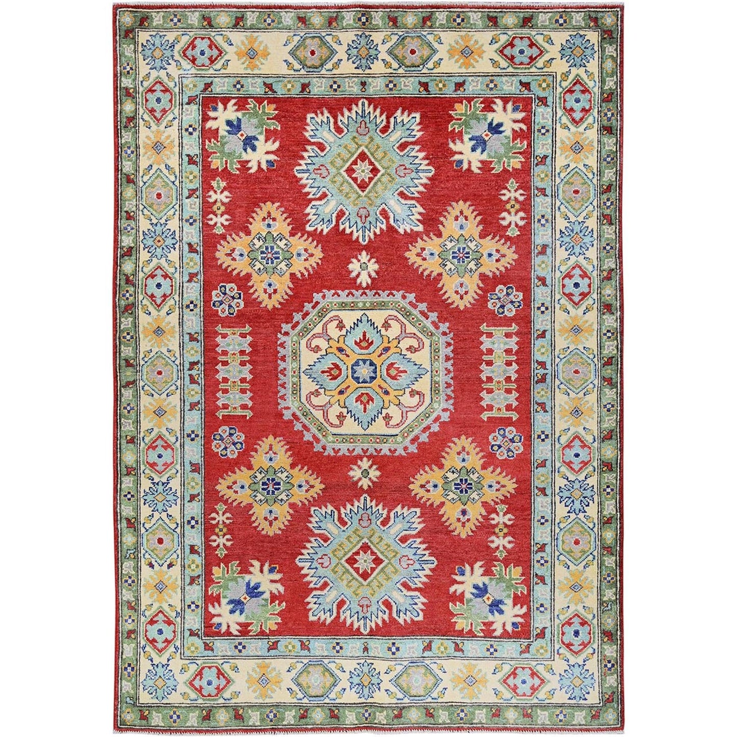 4'10"X6'10" Red Kazak With Tribal Motif Hand Knotted Soft Wool Oriental Rug