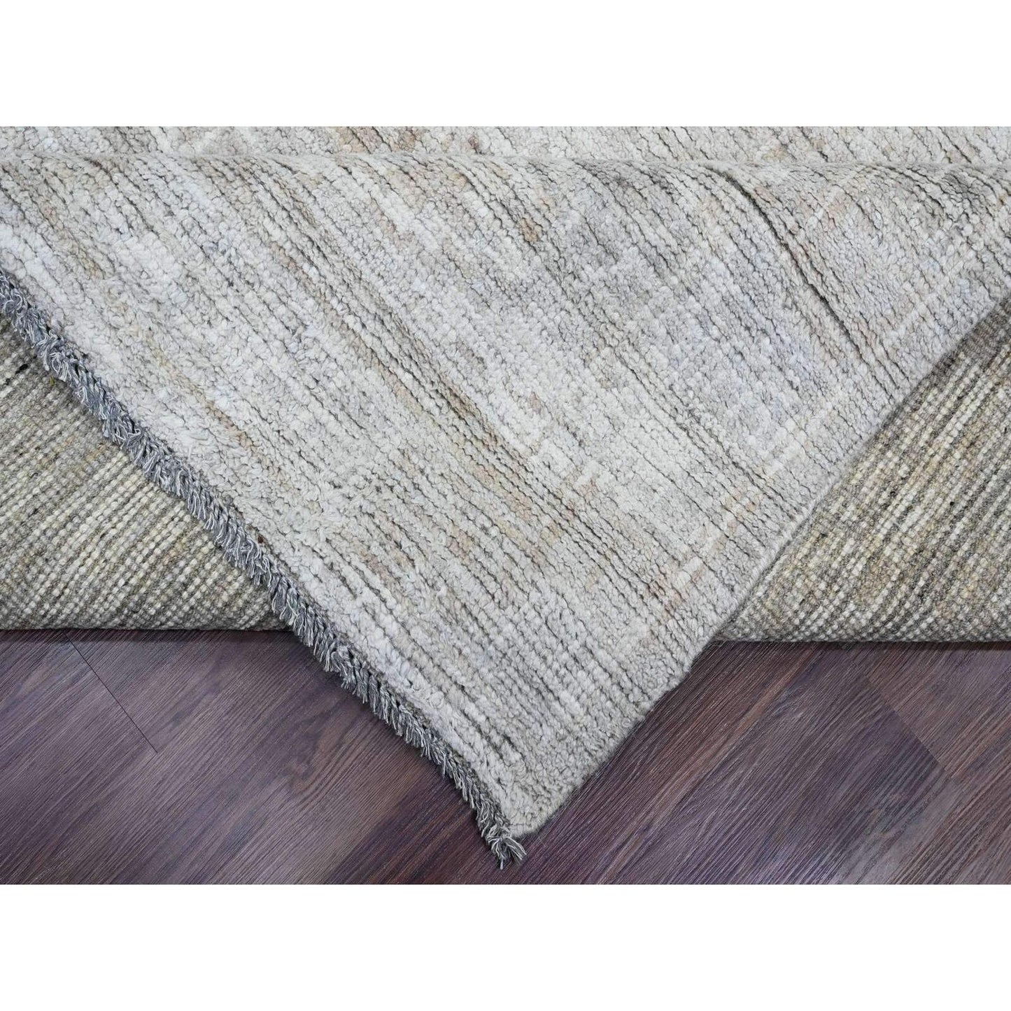 9'X12' Light Brown Moroccan Weave Erased Pattern Hand Knotted Wool Rug