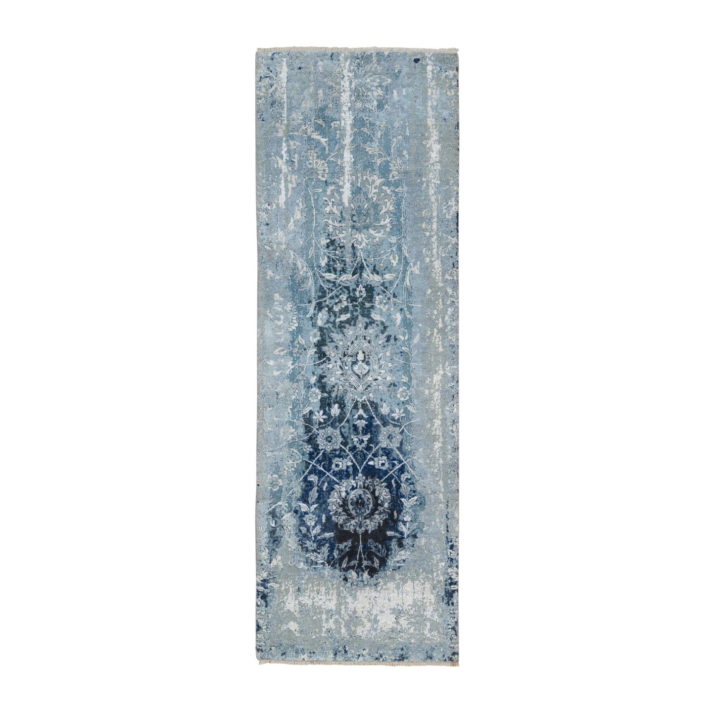 2'7"X8' Blue-Teal Farsian Tebraz Wool And Silk Hand Knotted Runner Rug