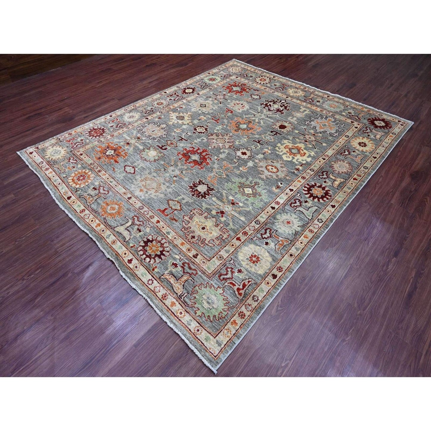 7'9"X9'5" Gray Afghan Angora Oushak Leaf Pattern Hand Knotted Wool Rug