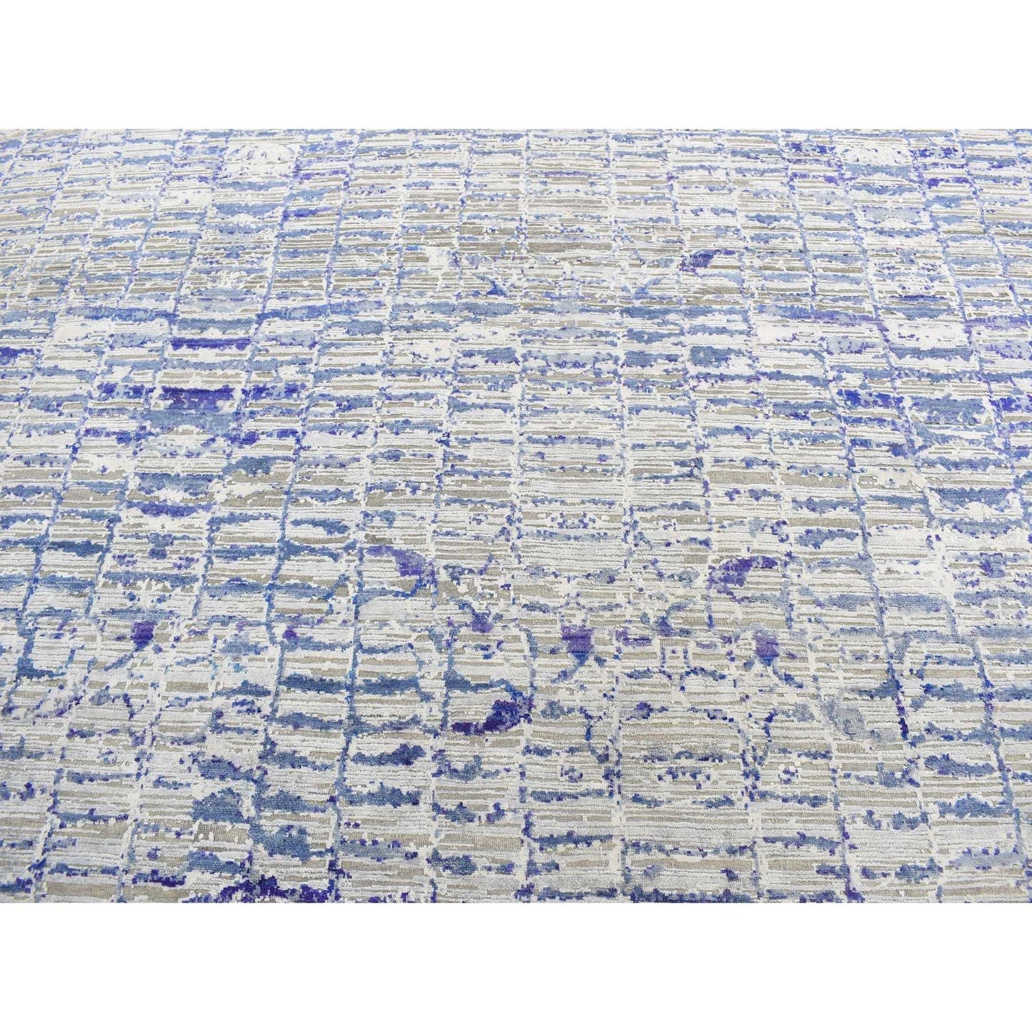 10'2"X13'10" Indigo Diminishing Bricks Sari Silk Hand Knotted Rug
