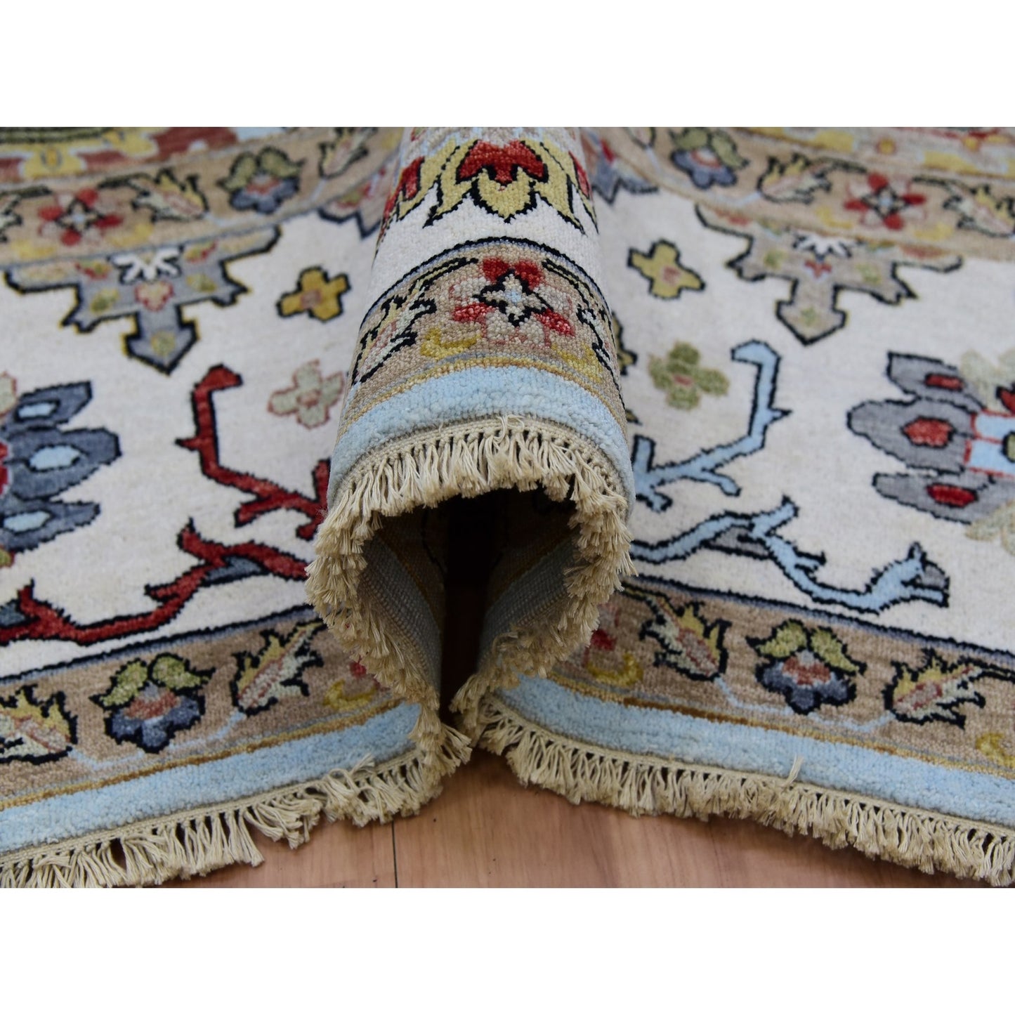 9'X12'5" Azure Sky Blue Hand Knotted Wool Agra Leaf Design Oriental Rug