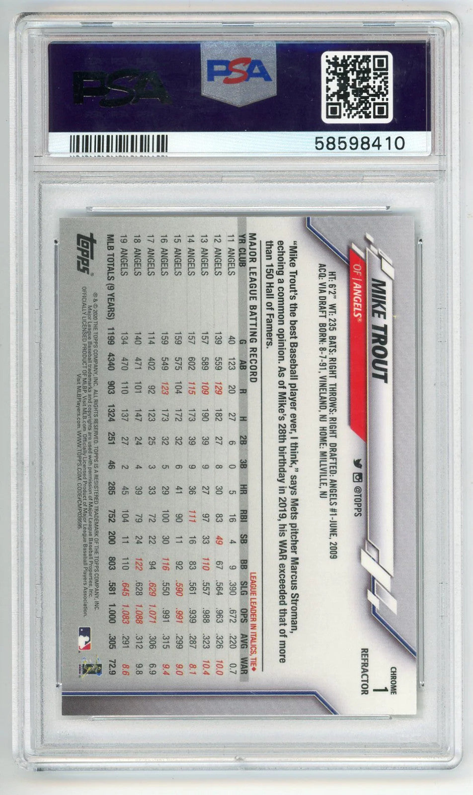 Mike Trout 2020 Topps Chrome X-Fractor #1 Psa Mt 10