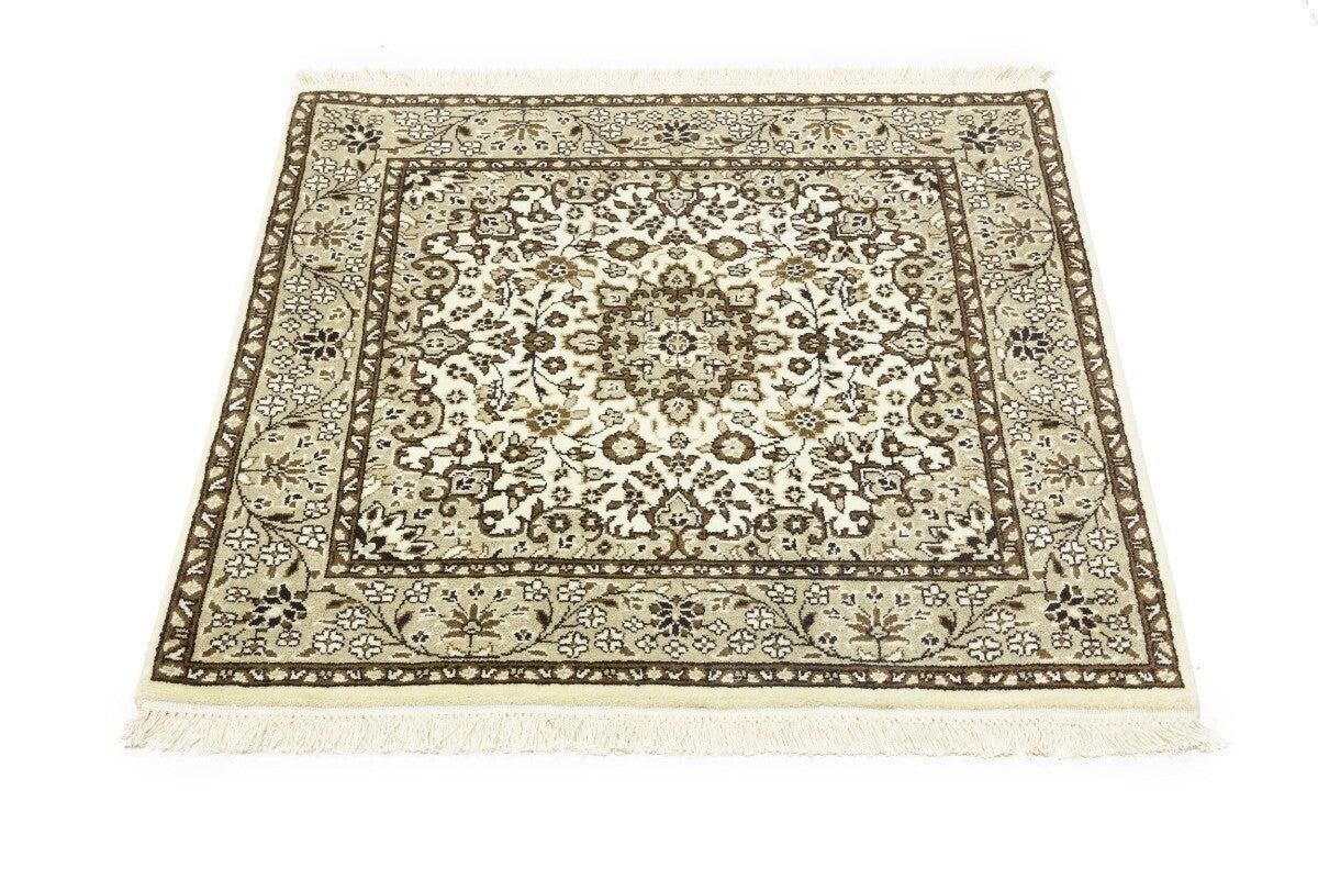 Handmade Kirman Square Rug Cream Floral Medallion
